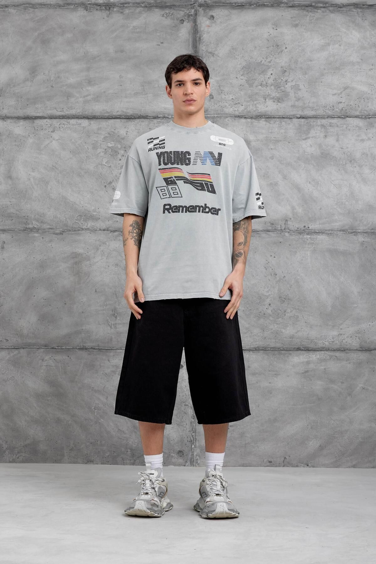 NOMARC-Gray Remember Written Burned Oversize Tshirt 1