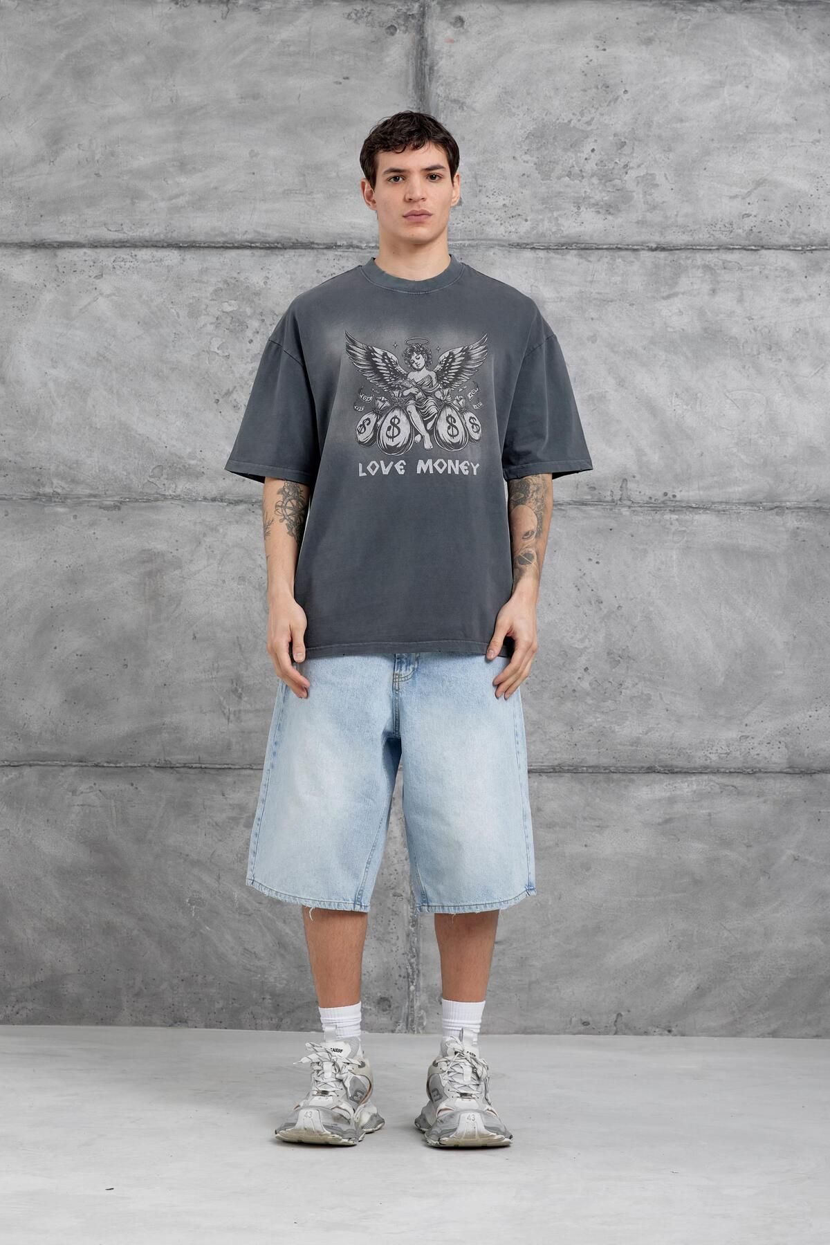 NOMARC-Smoked Love Money Written Washed Oversize Tshirt 1