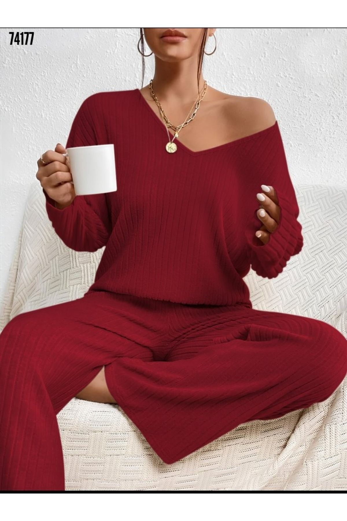 Hierapolis Women's Cotton Pajamas Set - Ribbed Bottom and Top Set