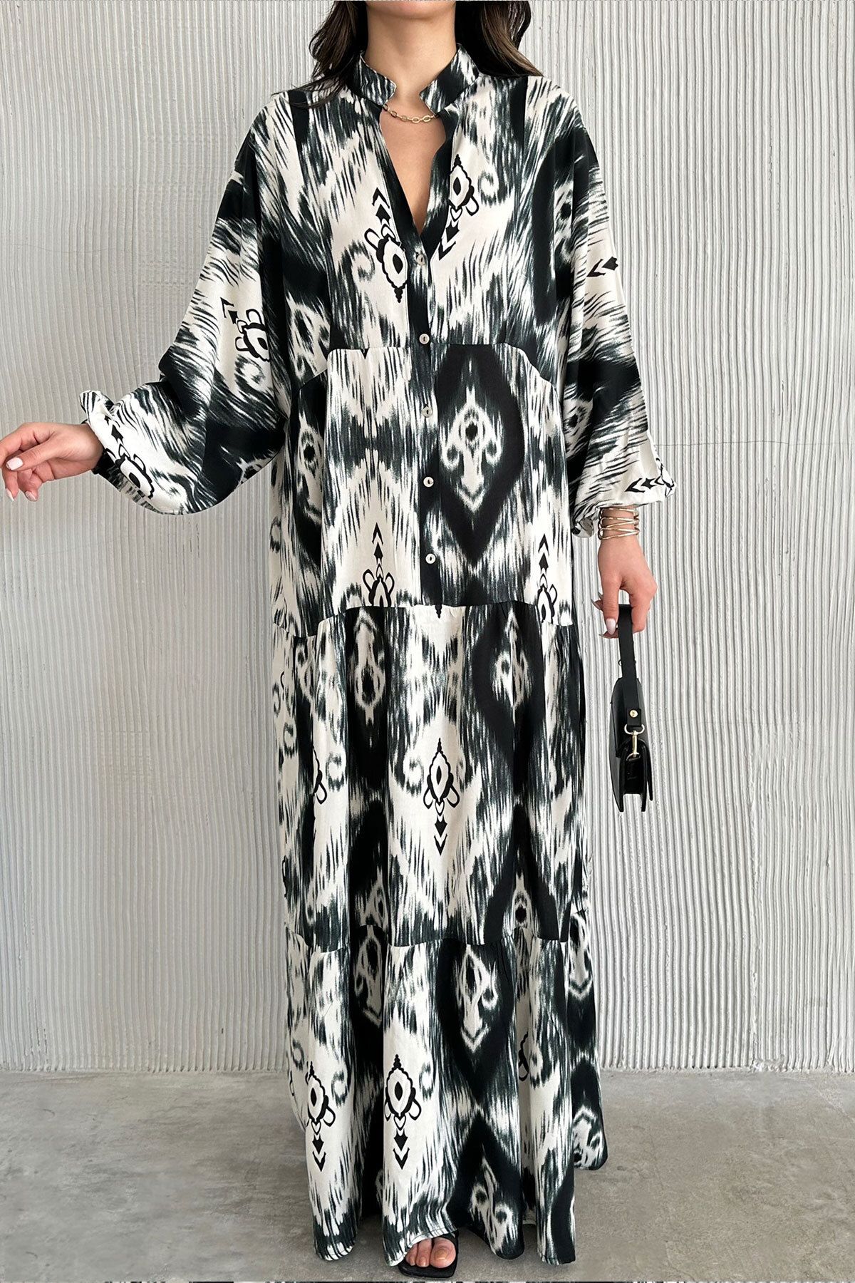ASEDE-Bohemian Retro Patterned 100% Viscose Dress with Buttons Suitable for Hijab 3