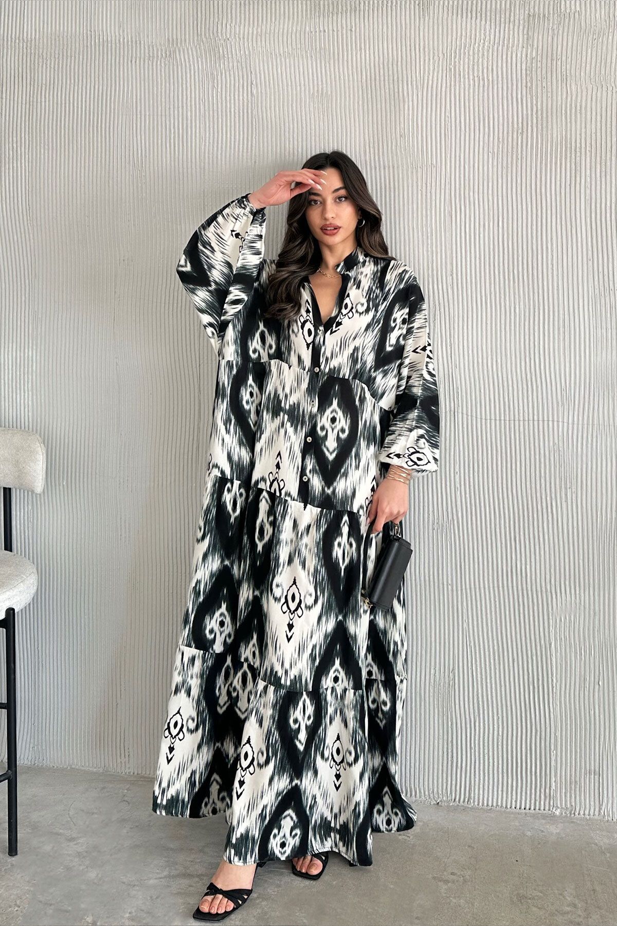 ASEDE-Bohemian Retro Patterned 100% Viscose Dress with Buttons Suitable for Hijab 5
