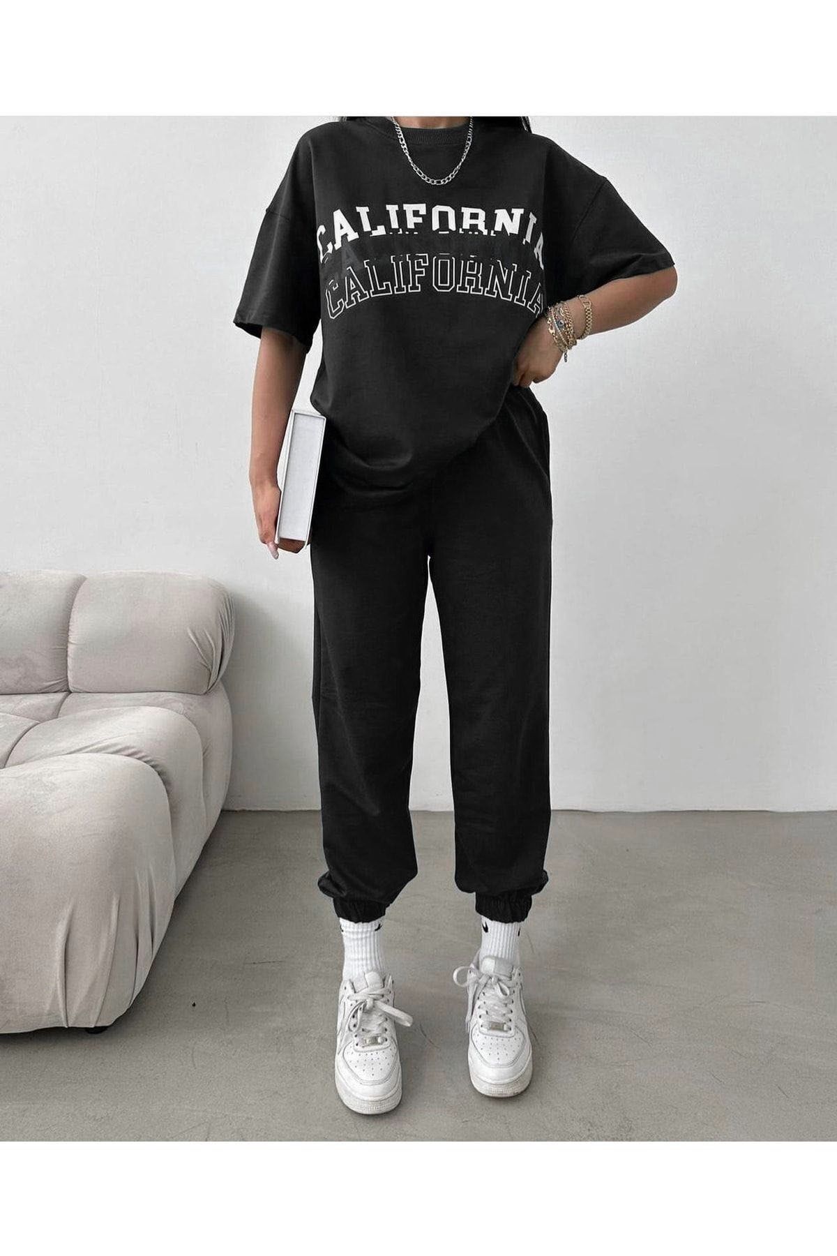 FoxSkin Sportswear&Company California 3 T-shirt Eşofman Altı Jogger - Siyah Baskılı Eşofman Takımı Oversize Bisiklet Yaka
