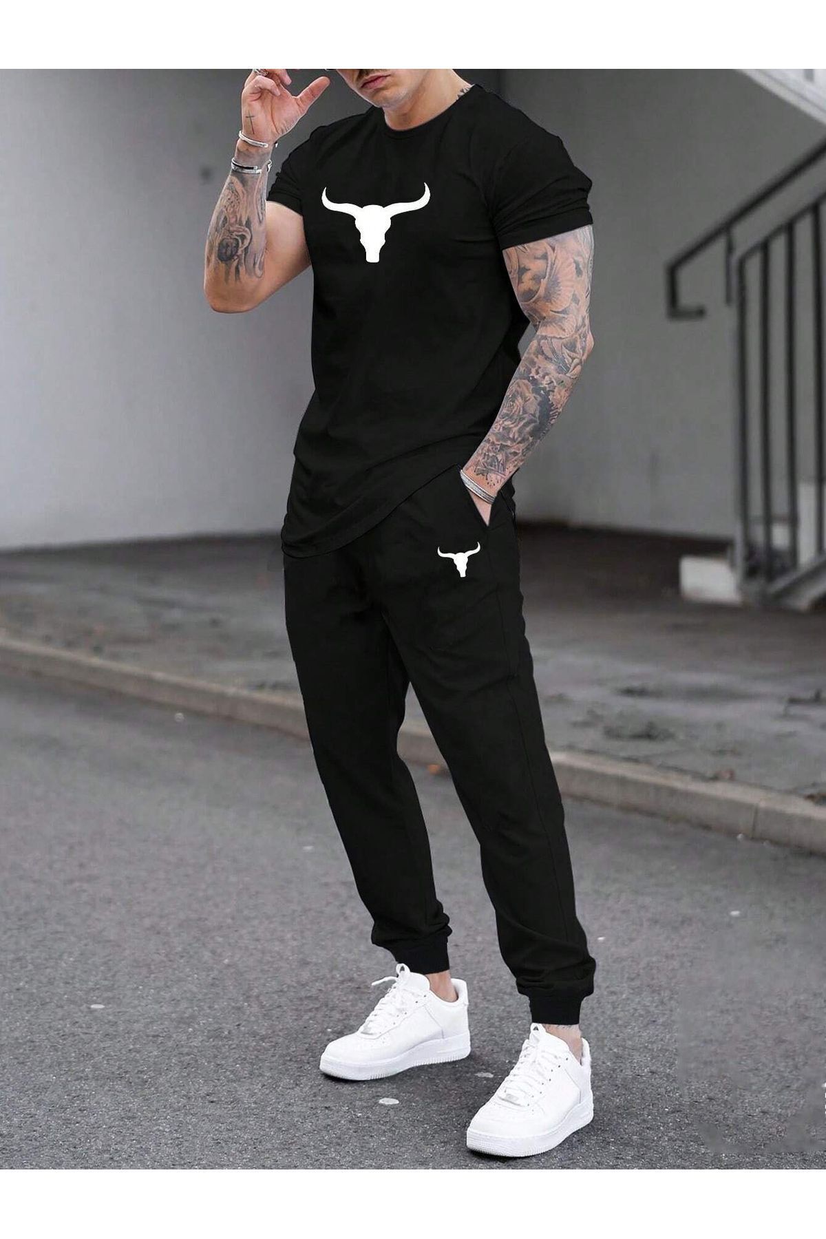 FoxSkin Sportswear&Company Boynuz Logo T-Shirt Eşofman Altı Jogger - Siyah Baskılı Eşofman Takımı Bisiklet Yaka