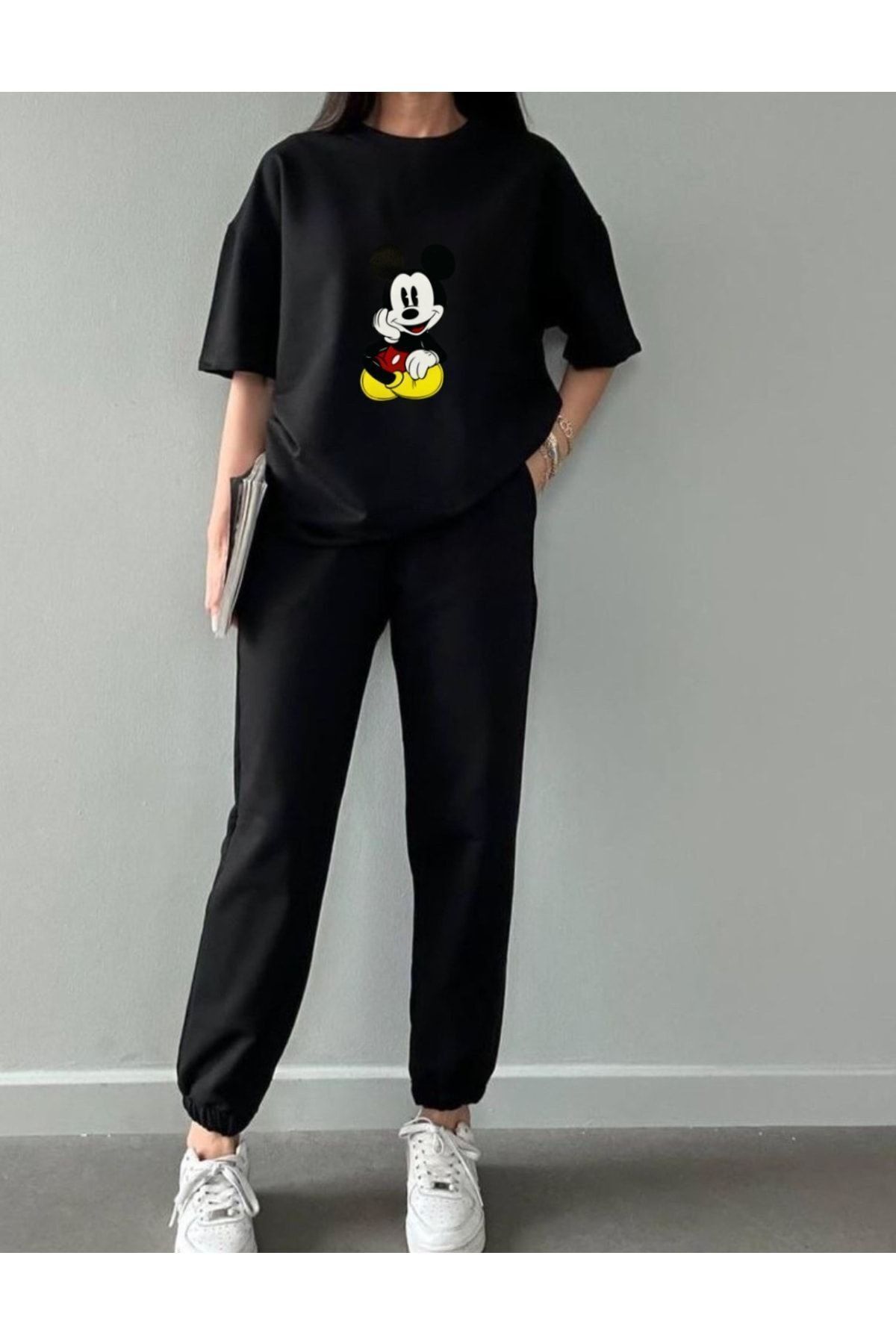 FoxSkin Sportswear&Company Mickey Mouse T-shirt Eşofman Altı Jogger - Siyah Baskılı Eşofman Takımı Oversize Bisiklet Yaka
