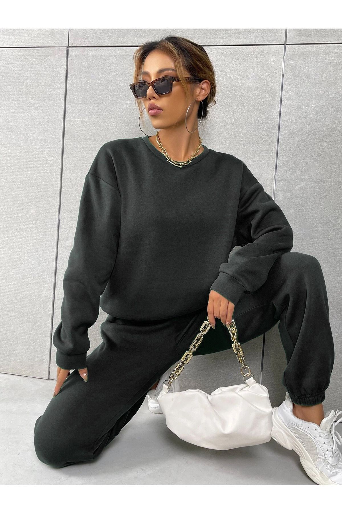 FoxSkin Sportswear&Company Basic Kalın Kışlık Sweatshirt Eşofman Altı Jogger - Siyah Alt Üst Eşofman Takımı Bisiklet Yaka