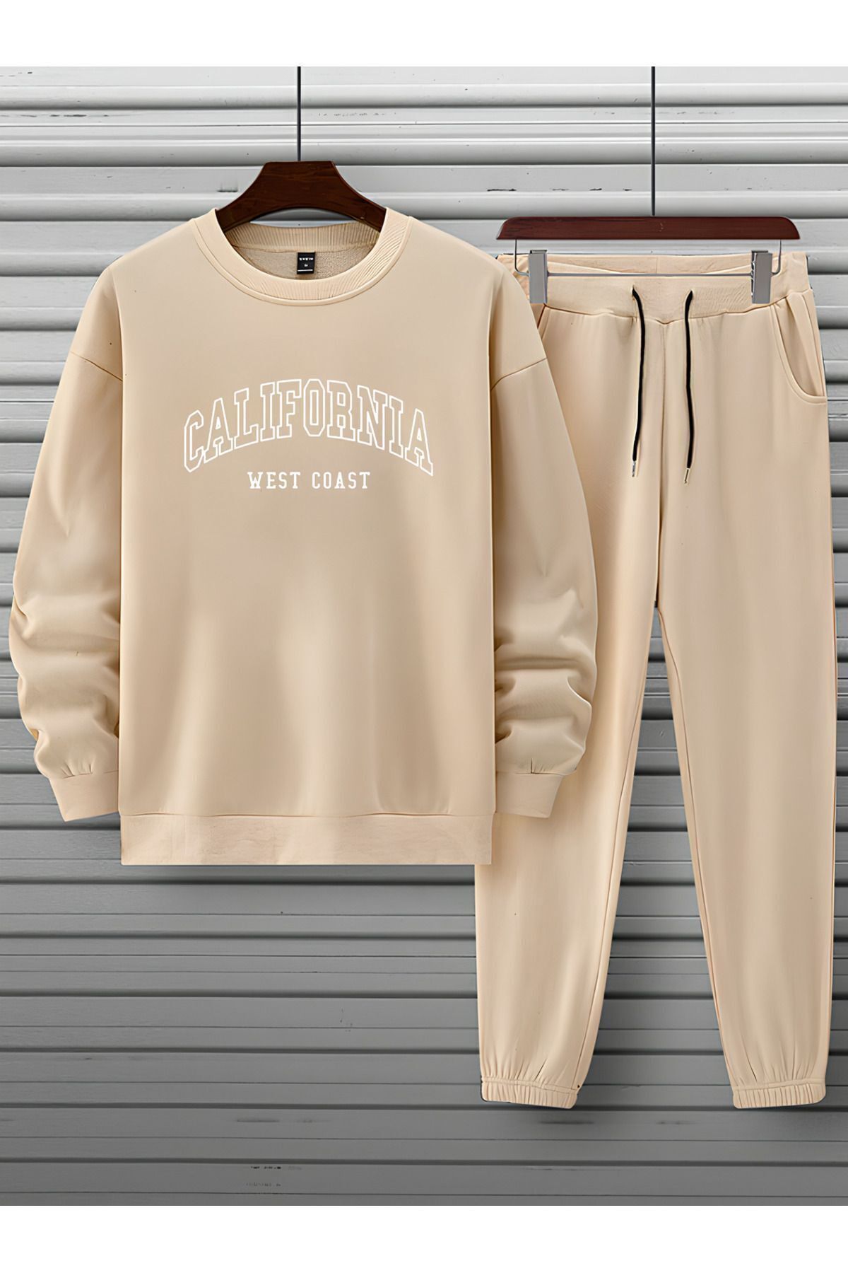 FoxSkin Sportswear&Company Bej Californıa West Coast Baskılı Oversize Alt Üst Eşofman Takımı Lastik Paça