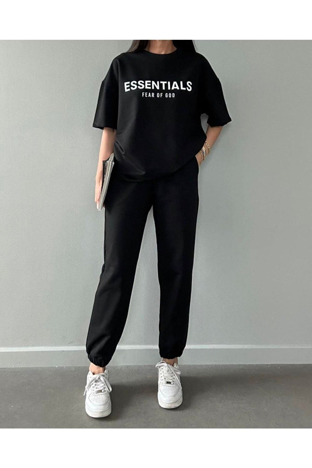 FoxSkin Sportswear&Company Esentials Fear T-shirt Eşofman Altı Jogger - Siyah Baskılı Eşofman Takımı Oversize Bisiklet Yaka