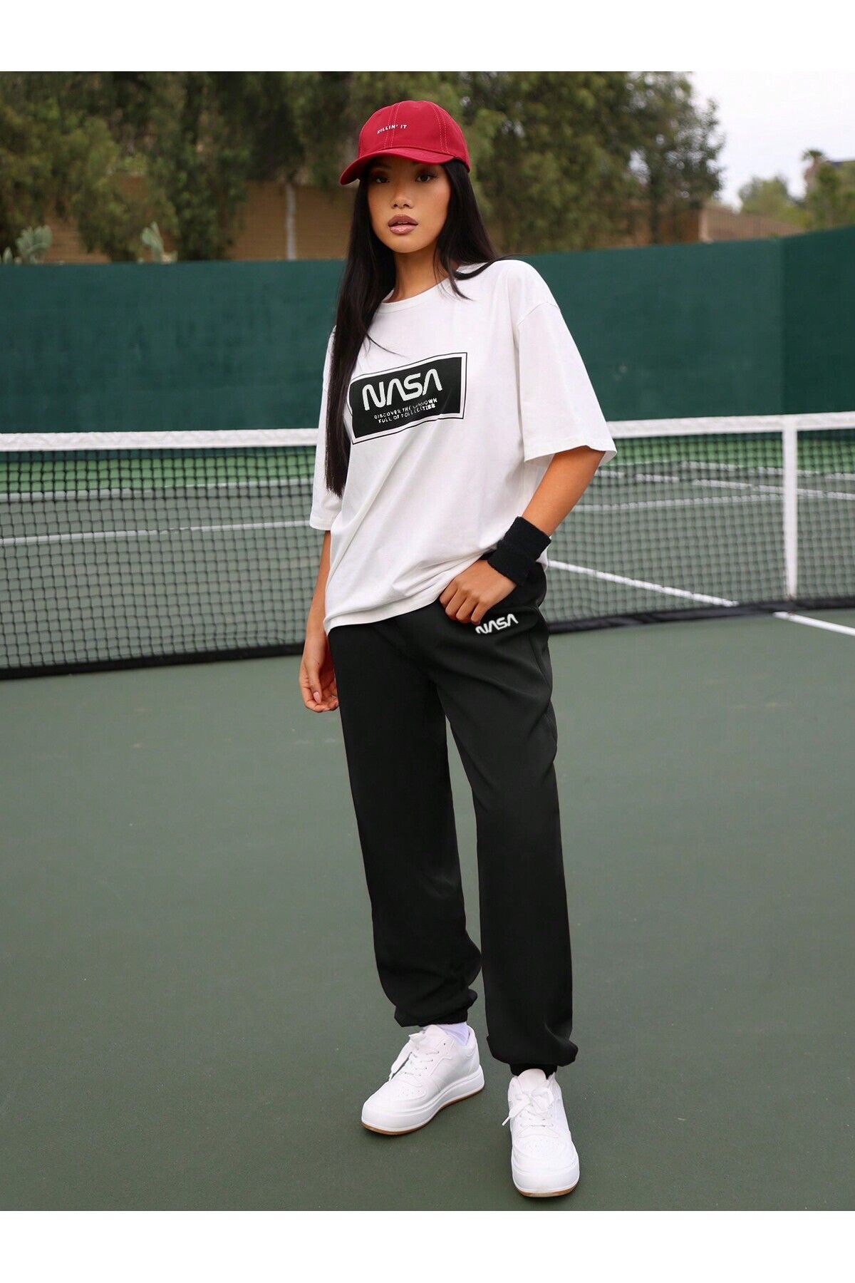 FoxSkin Sportswear&Company Nasa Tasarım T-shirt Eşofman Altı Jogger - Beyaz Siyah Baskılı Eşofman Takımı Oversize Bisiklet Yaka