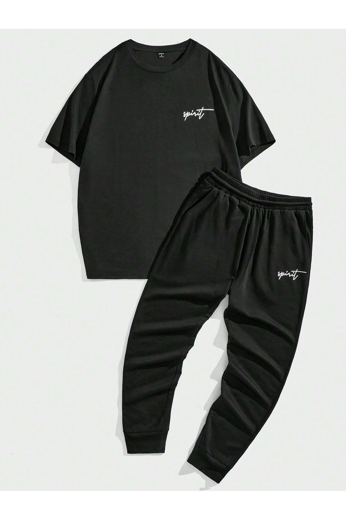 FoxSkin Sportswear&Company Spirit Yazı T-Shirt Eşofman Altı Jogger - Siyah Baskılı Eşofman Takımı Bisiklet Yaka