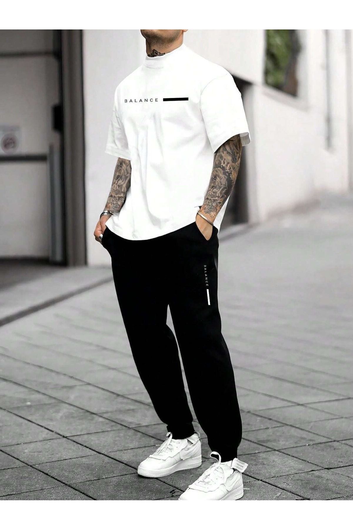 FoxSkin Sportswear&Company Balance Çizgi T-Shirt Eşofman Altı Jogger - Beyaz Siyah Baskılı Eşofman Takımı Bisiklet Yaka