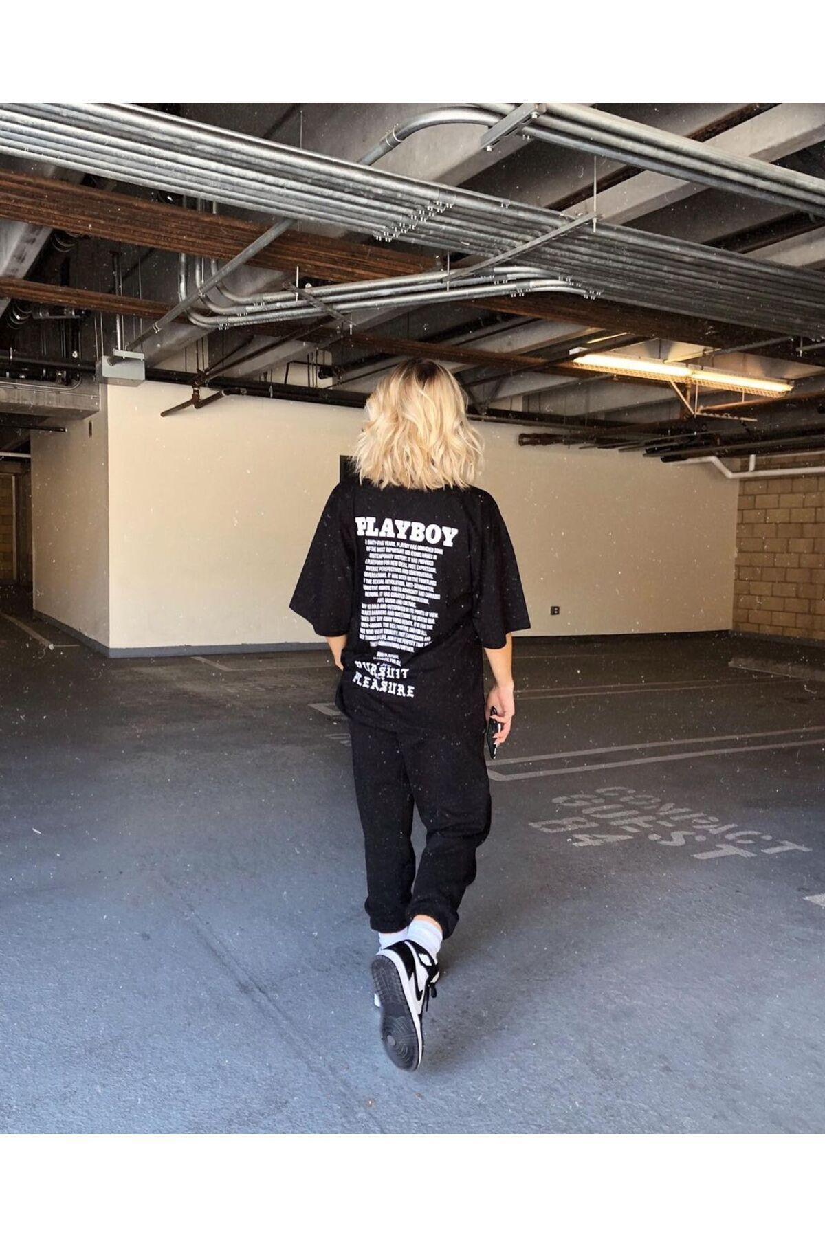 FoxSkin Sportswear&Company Playboy Pleasure T-shirt Eşofman Altı - Siyah Jogger Tişört Eşofman Takımı Oversize Bisiklet Yaka