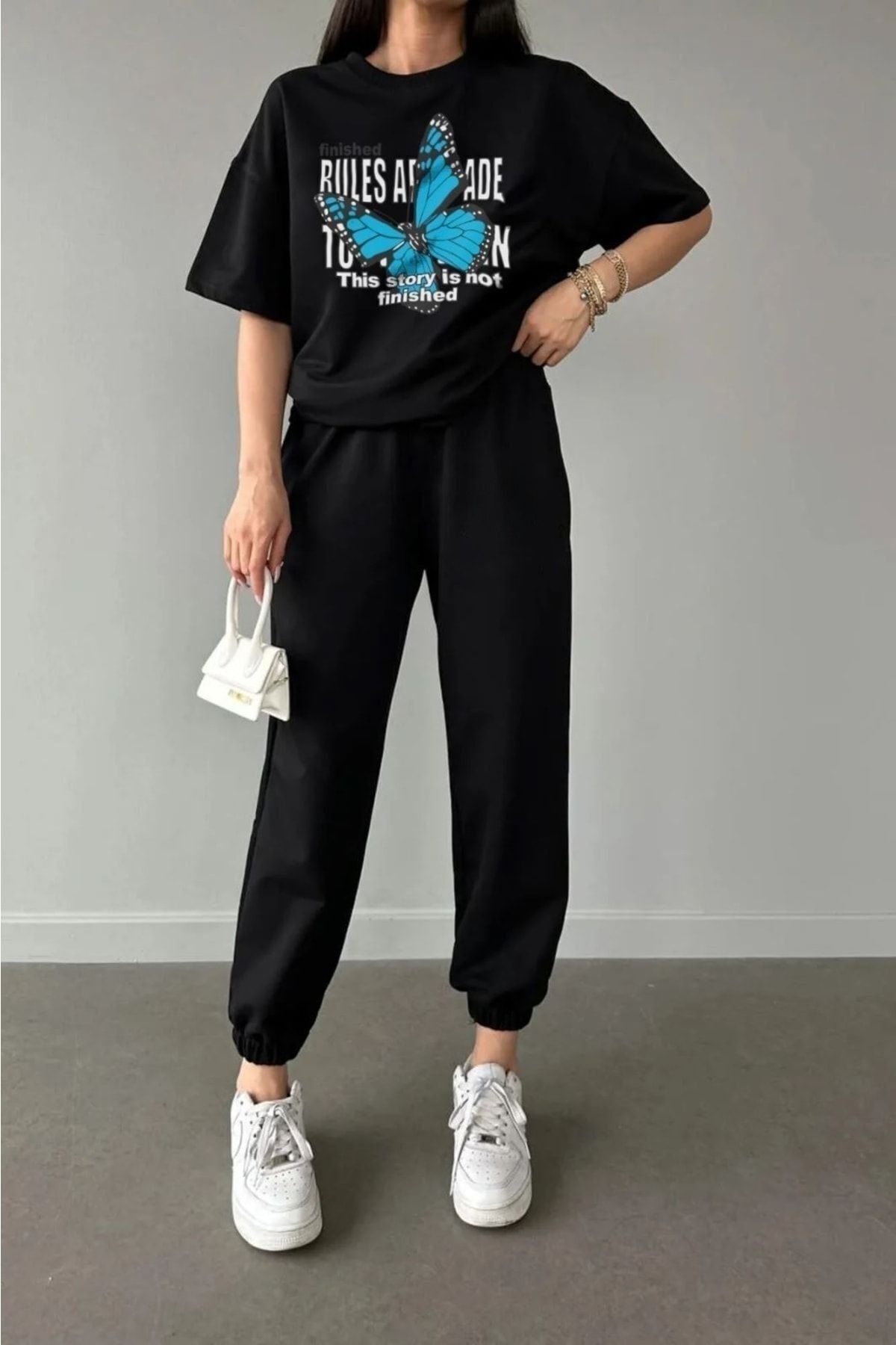 FoxSkin Sportswear&Company Rules Kelebek T-shirt Eşofman Altı Jogger - Siyah Baskılı Eşofman Takımı Oversize Bisiklet Yaka
