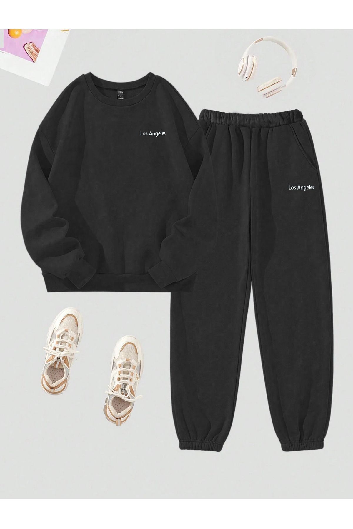 FoxSkin Sportswear&Company California Yazı Sweatshirt Eşofman Altı Jogger - Siyah Baskılı Eşofman Takımı Bisiklet Yaka