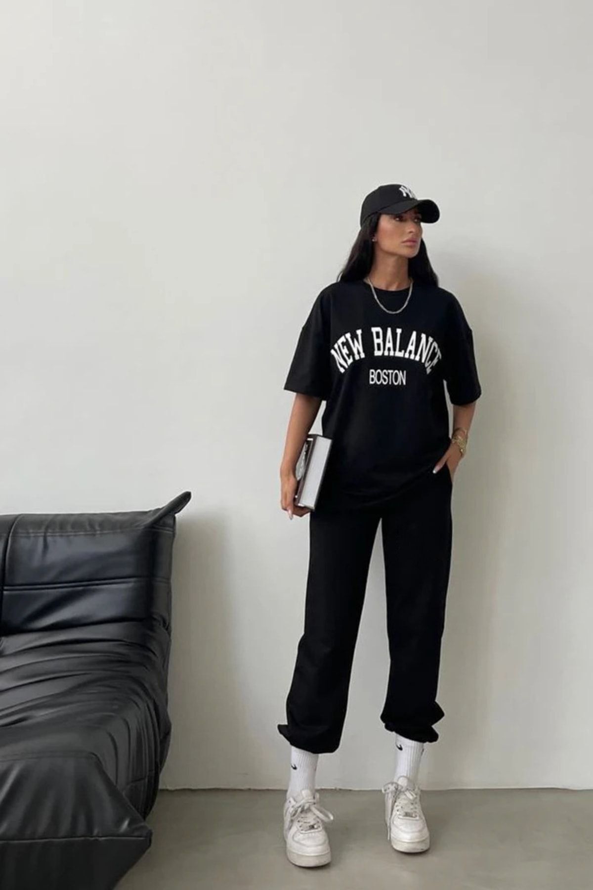 FoxSkin Sportswear&Company Balance Boston T-shirt Eşofman Altı Jogger - Siyah Baskılı Eşofman Takımı Oversize Bisiklet Yaka