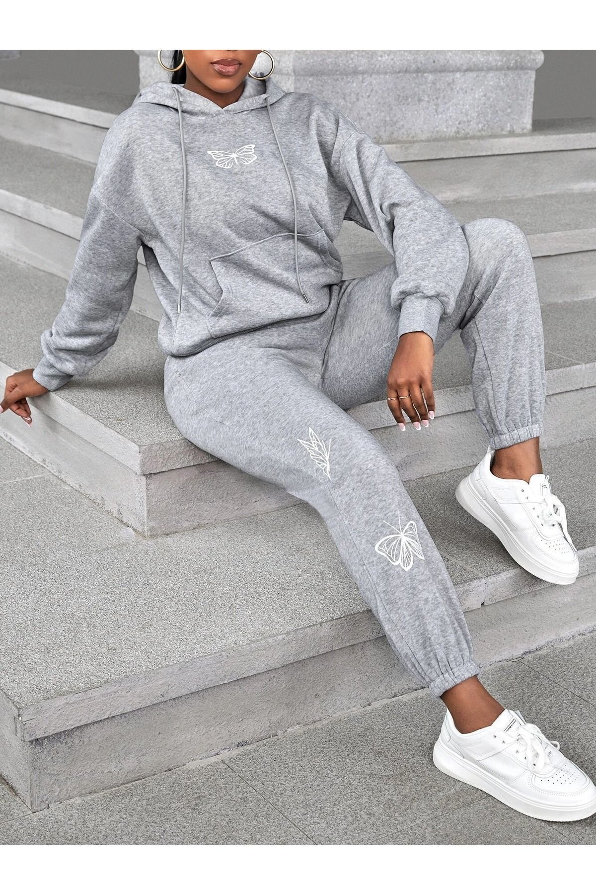 FoxSkin Sportswear&Company Kelebek Sweatshirt Eşofman Altı Jogger - Gri Baskılı Alt Üst Eşofman Takımı Kapüşonlu