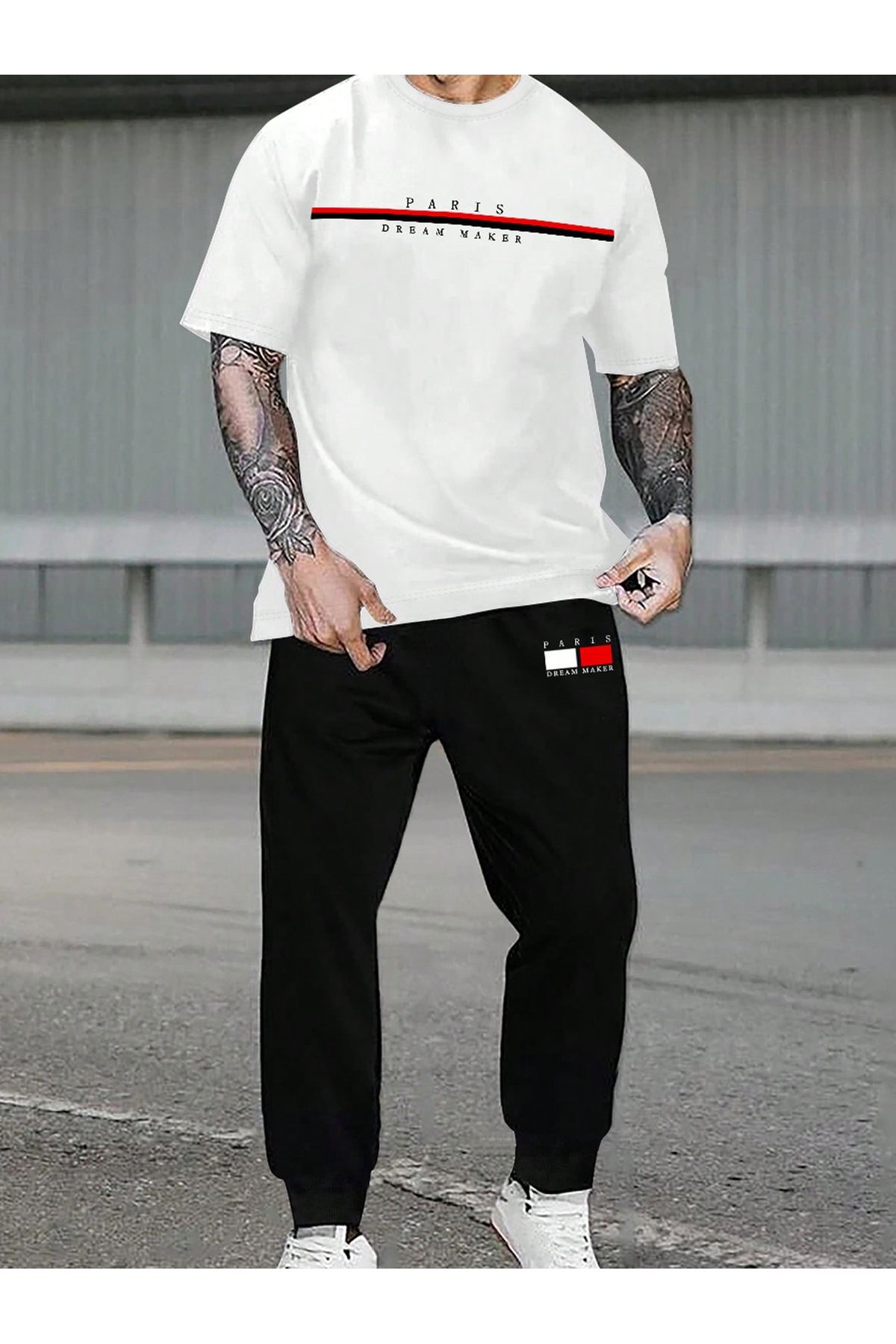 FoxSkin Sportswear&Company Paris Dream T-shirt Eşofman Altı Jogger - Beyaz Siyah Baskılı Eşofman Takımı Oversize Bisiklet Yaka