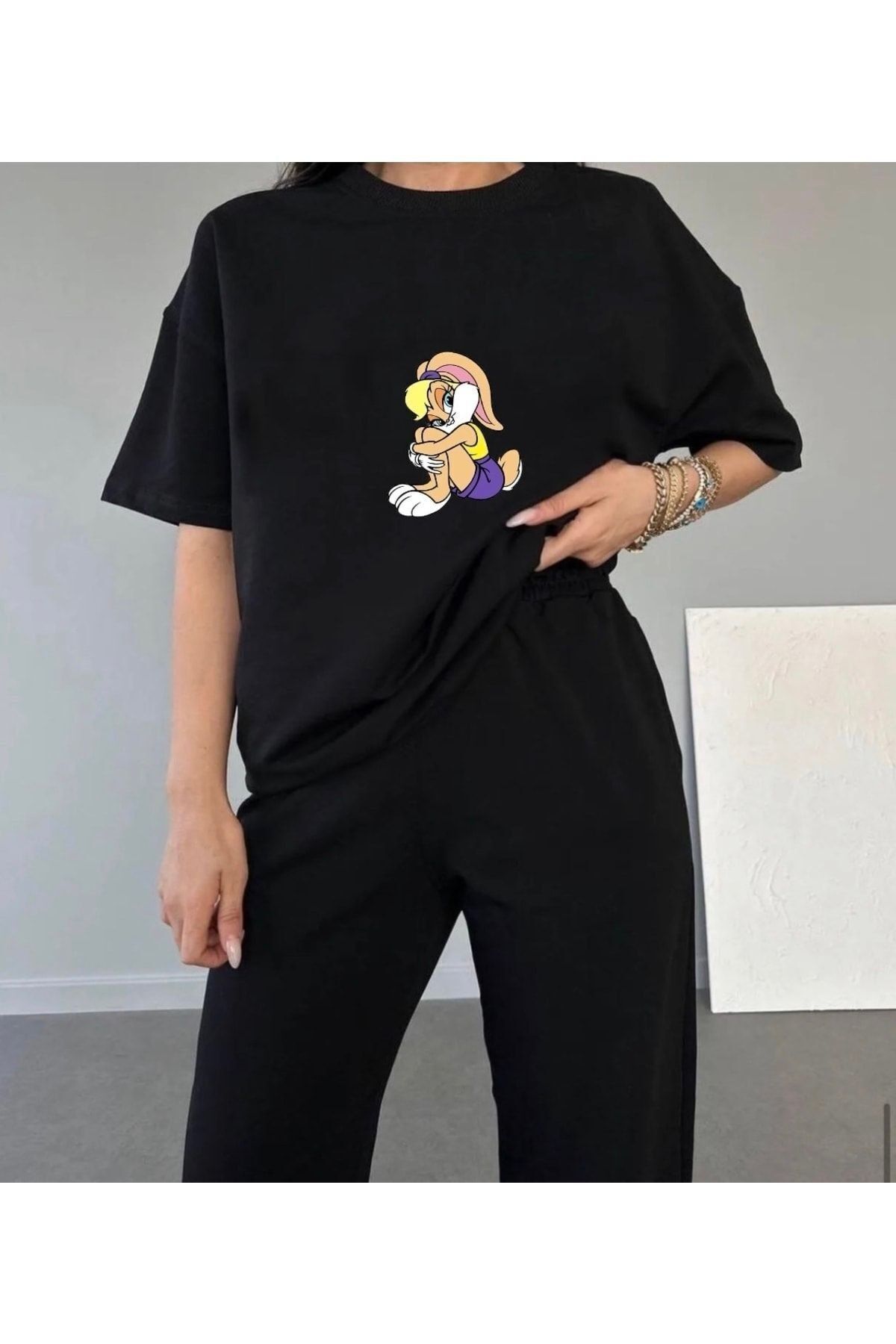 FoxSkin Sportswear&Company Lola T-shirt Eşofman Altı Jogger - Siyah Baskılı Eşofman Takımı Oversize Bisiklet Yaka