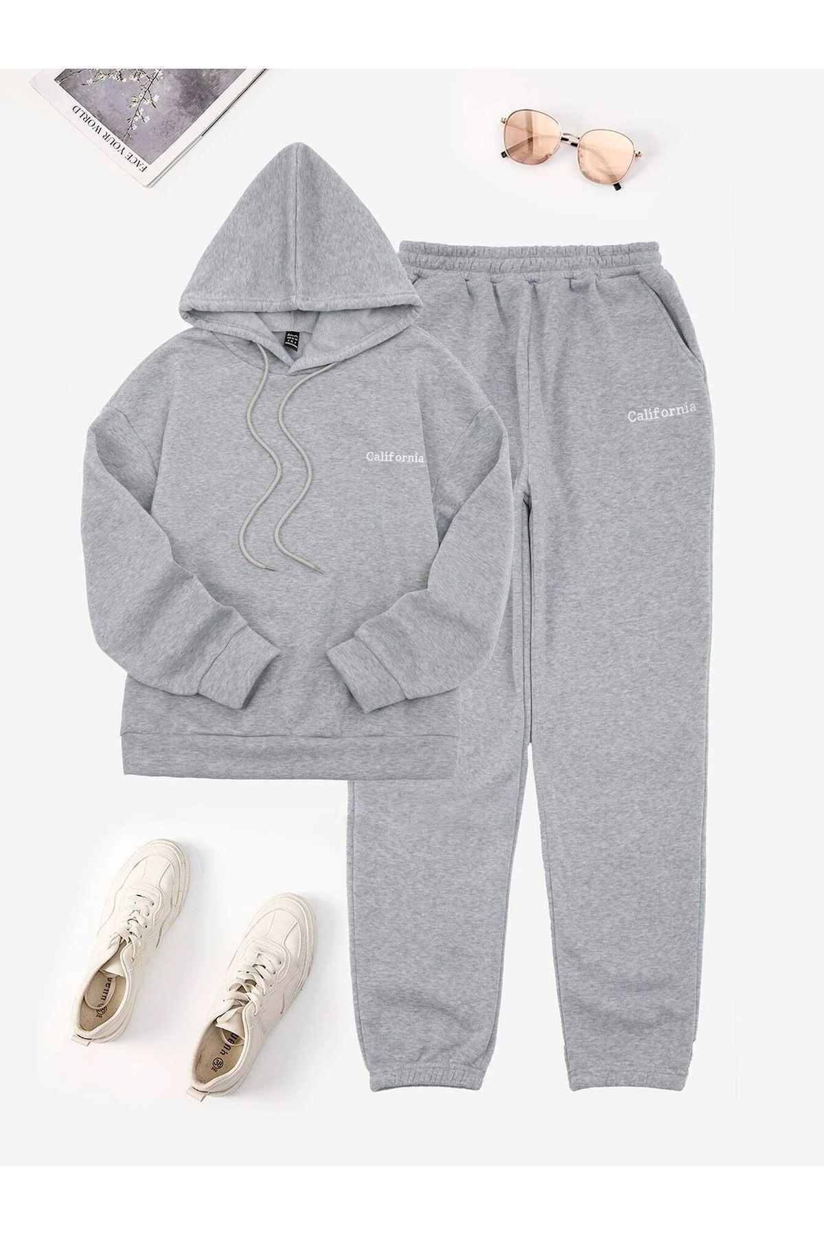 FoxSkin Sportswear&Company California Yazı Sweatshirt Eşofman Altı Jogger - Gri Baskılı Alt Üst Eşofman Takımı Kapüşonlu