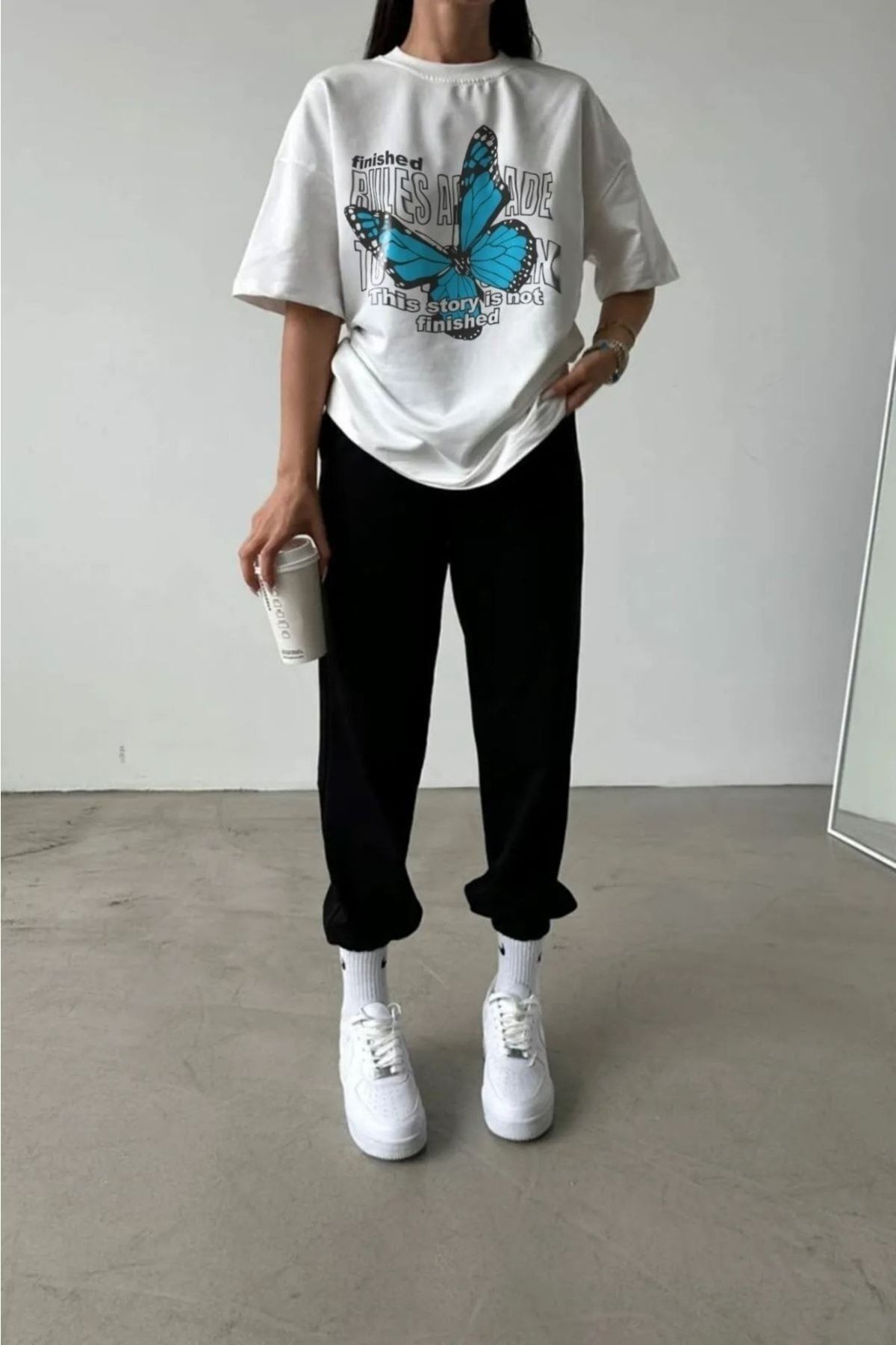 FoxSkin Sportswear&Company Rules Kelebek T-shirt Eşofman Altı Jogger - Beyaz Siyah Baskılı Eşofman Takım Oversize Bisiklet Yaka