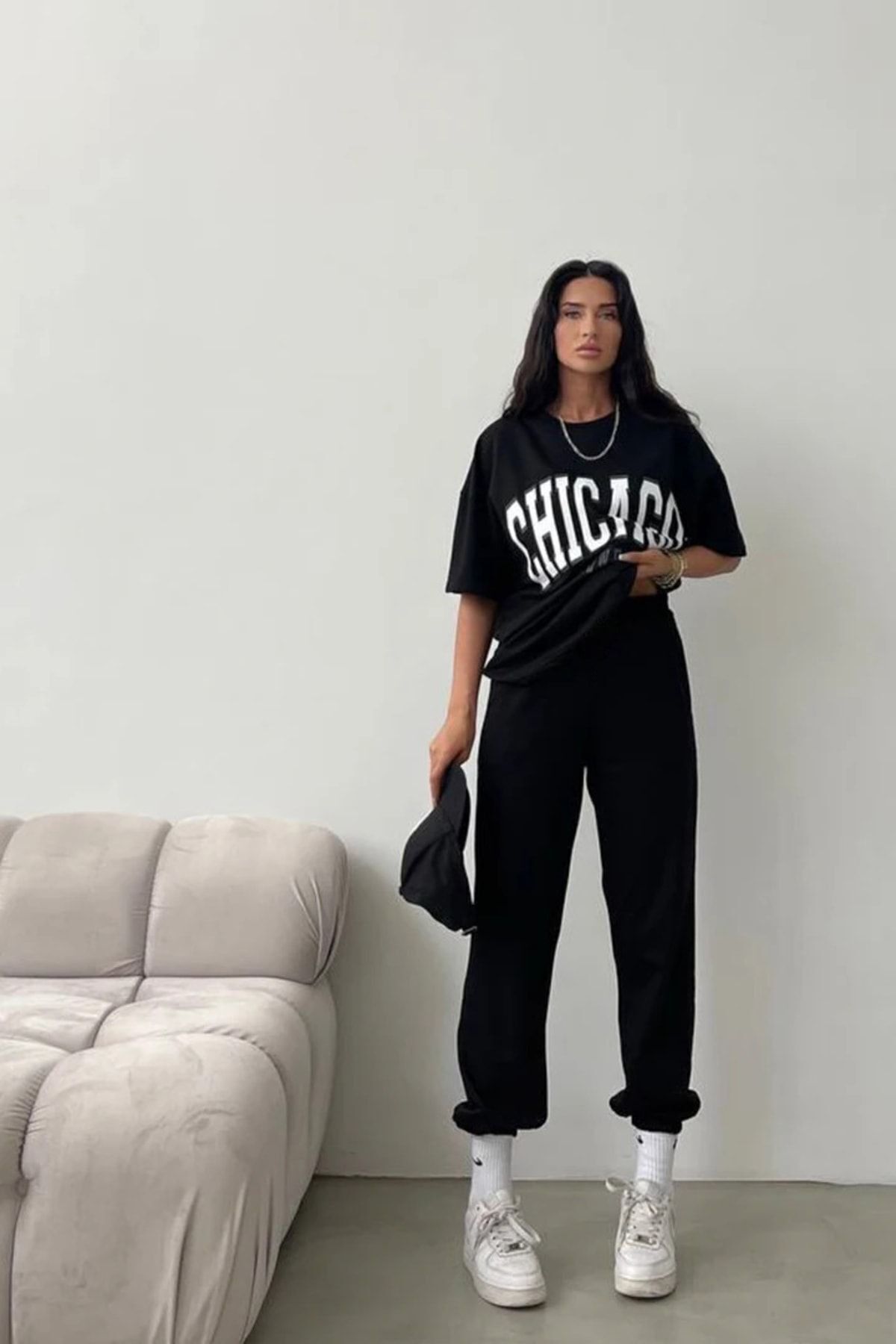 FoxSkin Sportswear&Company Chicago T-shirt Eşofman Altı Jogger - Siyah Baskılı Eşofman Takımı Oversize Bisiklet Yaka