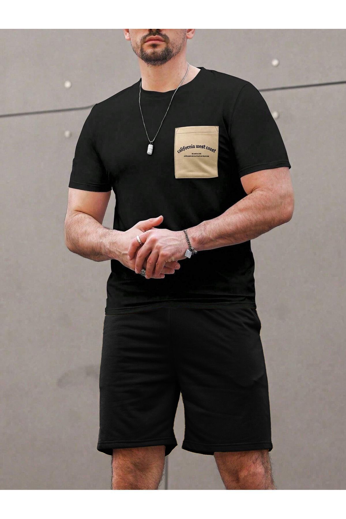 FoxSkin Sportswear&Company Cep California T-Shirt Şort - Siyah Alt Üst Takım Şort Tişört Kombin Baskılı Bisiklet Yaka