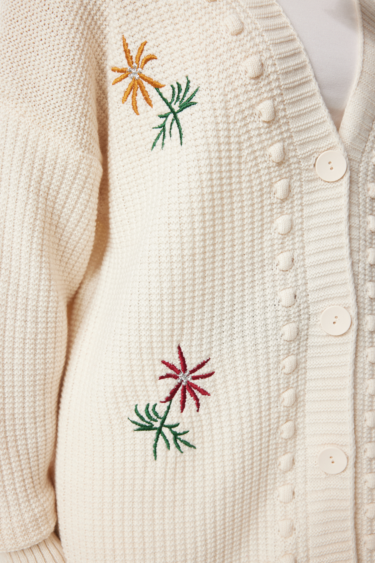 Lovelyİstanbul  Çiçek Nakışlı Dokulu Triko Hırka KREM LKG0004 - Görsel 4