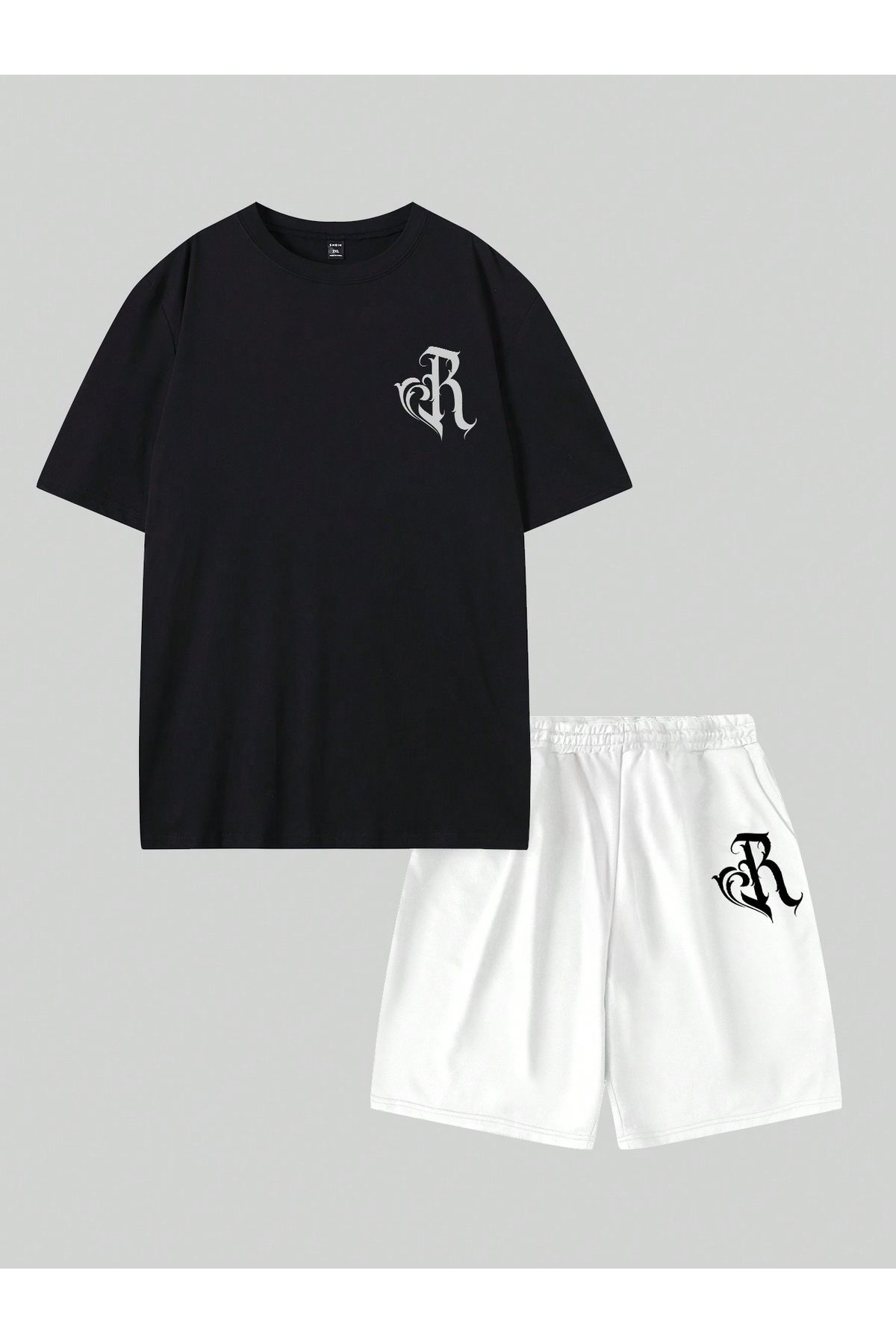 FoxSkin Sportswear&Company R Logo T-Shirt Şort - Siyah Beyaz Alt Üst Takım Şort Tişört Kombin Baskılı Bisiklet Yaka