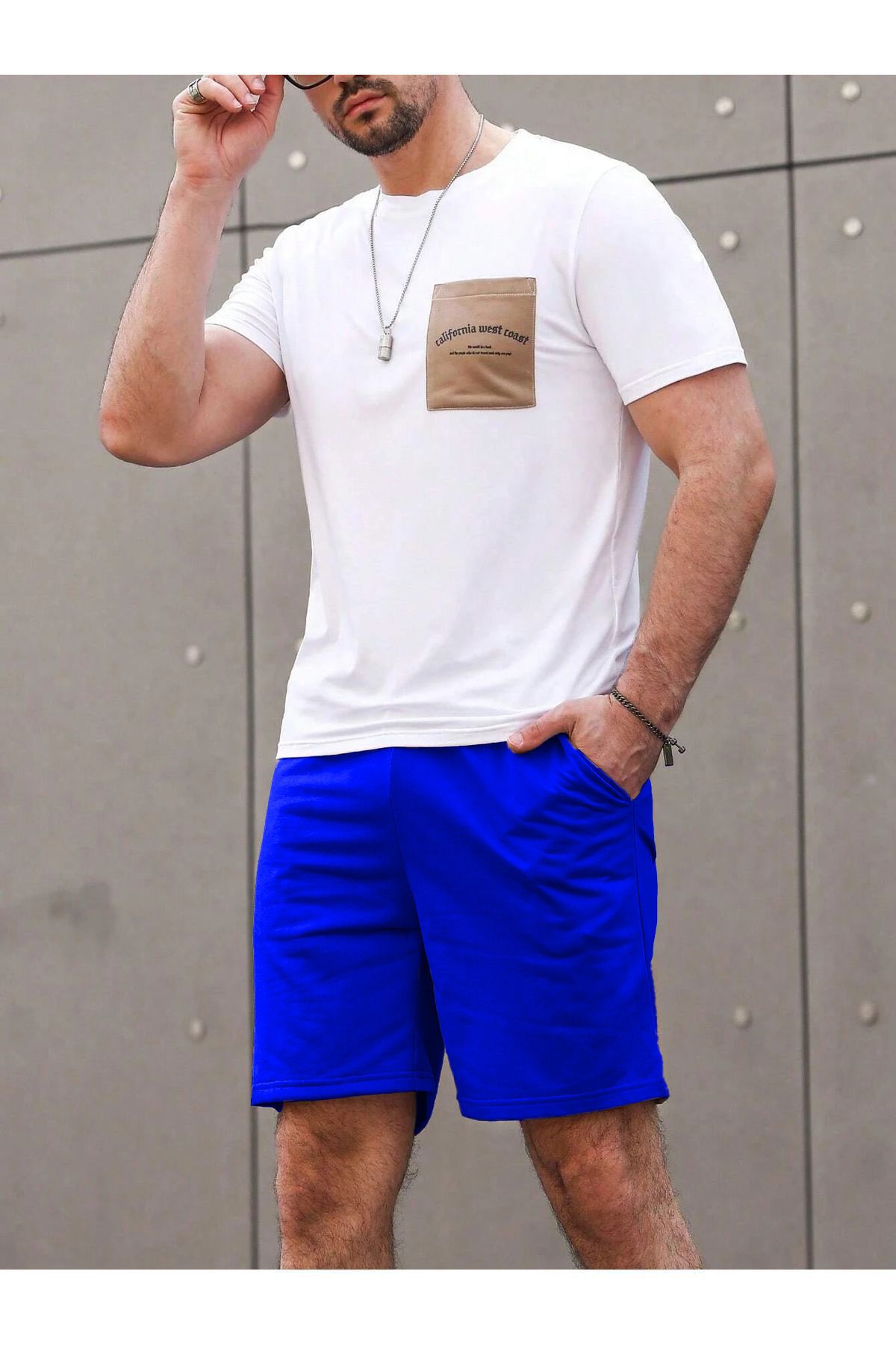 FoxSkin Sportswear&Company Cep California T-Shirt Şort - Beyaz Sax Mavi Alt Üst Takım Şort Tişört Kombin Baskılı Bisiklet Yaka