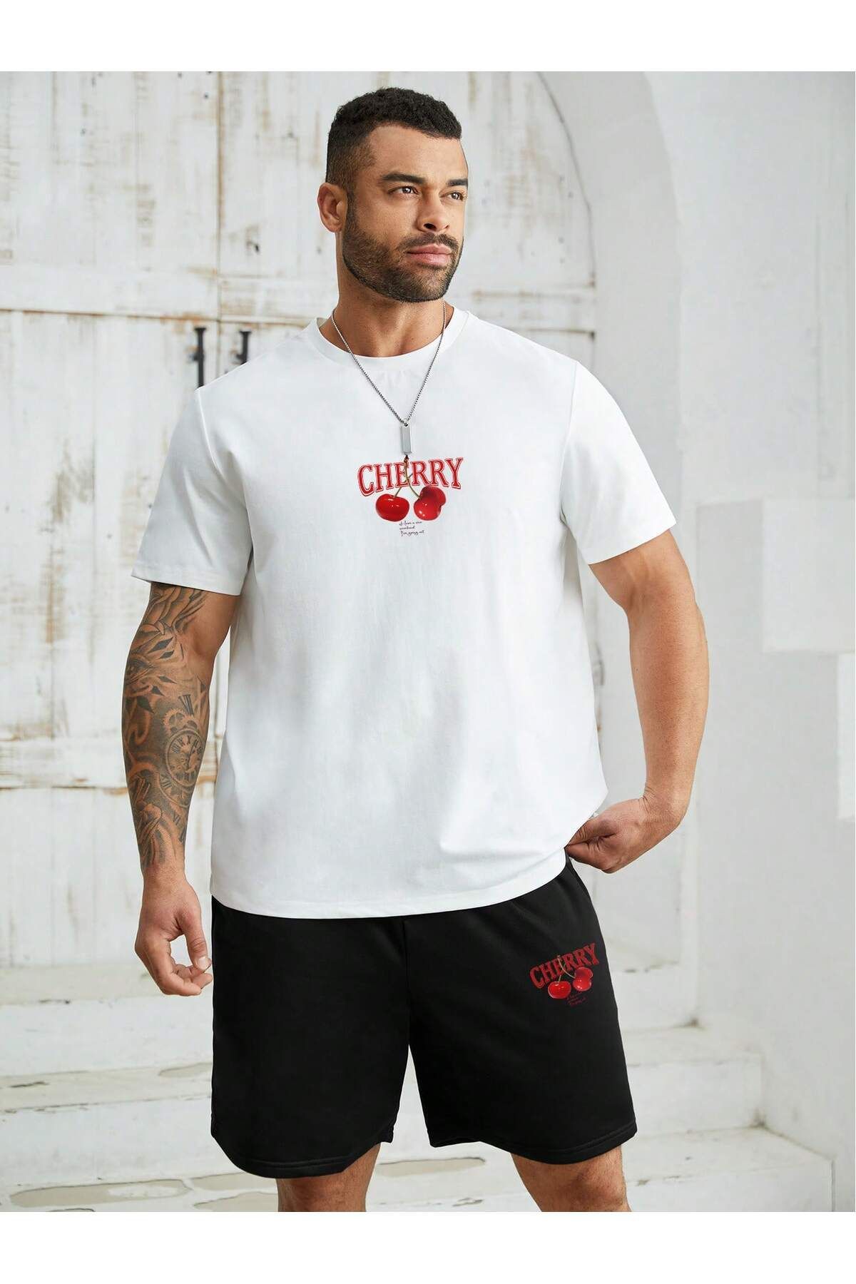 FoxSkin Sportswear&Company Cherry T-Shirt Şort - Beyaz Siyah Alt Üst Takım Şort Tişört Kombin Baskılı Bisiklet Yaka