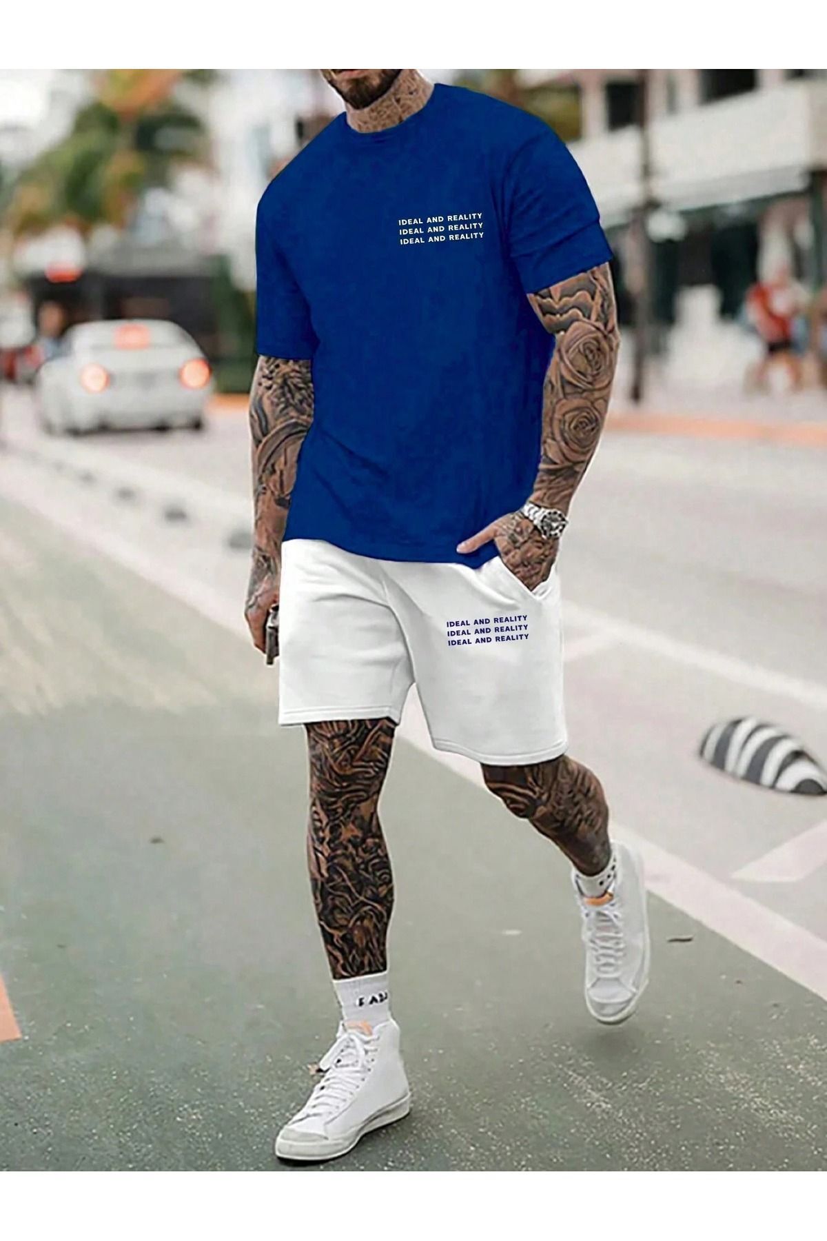 FoxSkin Sportswear&Company Ideal Reality T-Shirt Şort - Sax Mavi Beyaz Alt Üst Takım Şort Tişört Kombin Baskılı Bisiklet Yaka