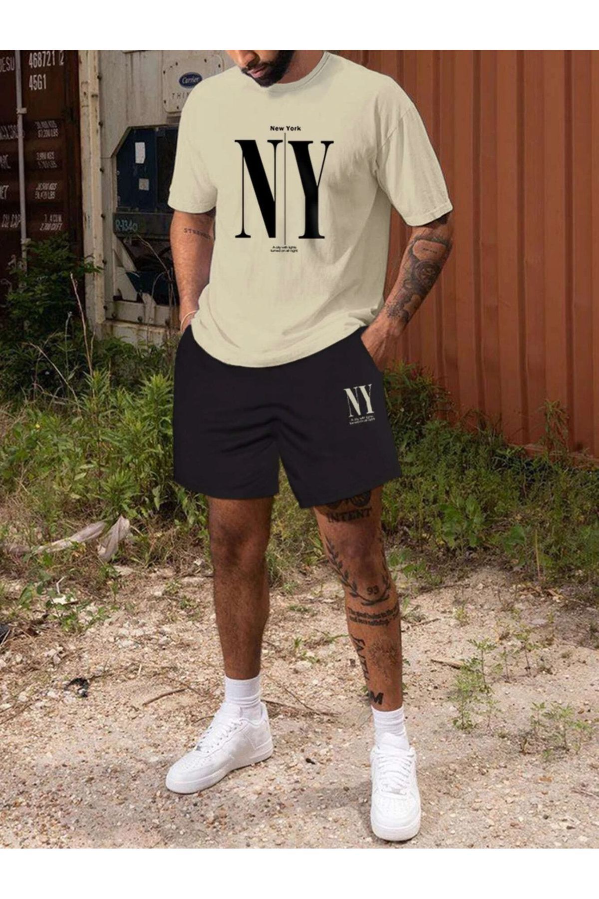 FoxSkin Sportswear&Company Ny Dik Çizgi T-Shirt Şort - Bej Siyah Alt Üst Takım Şort Tişört Kombin Baskılı Bisiklet Yaka