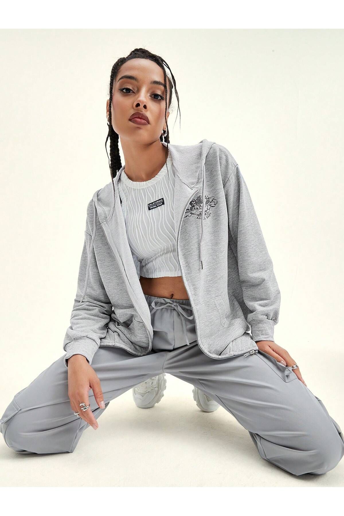 FoxSkin Sportswear&Company Angel Baby Fermuarlı Kışlık Hırka - Gri Baskılı Oversize Şardonlu Kapüşonlu