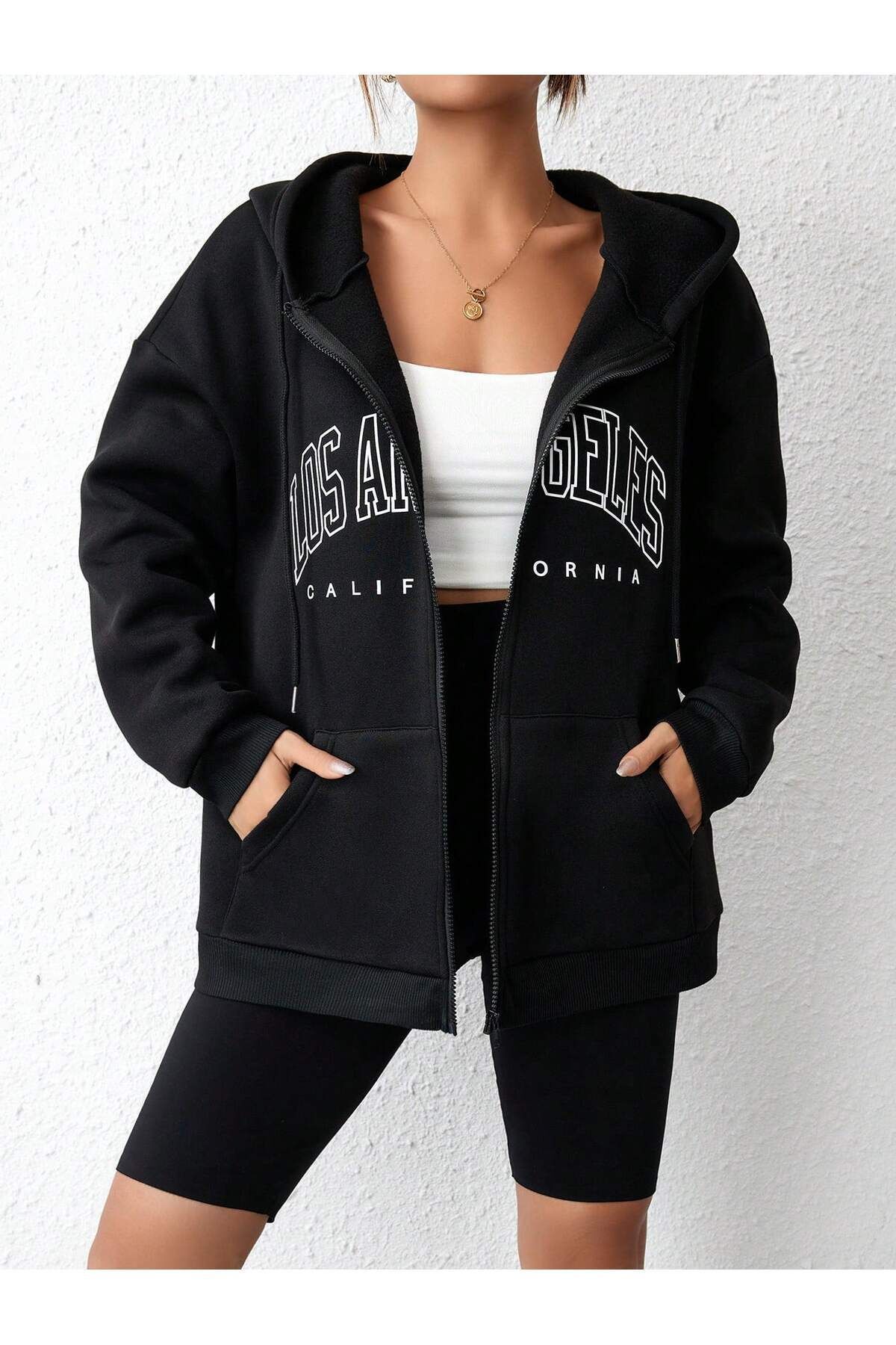 FoxSkin Sportswear&Company Los Angeles California Fermuarlı Kışlık Hırka - Siyah Baskılı Oversize Şardonlu Kapüşonlu