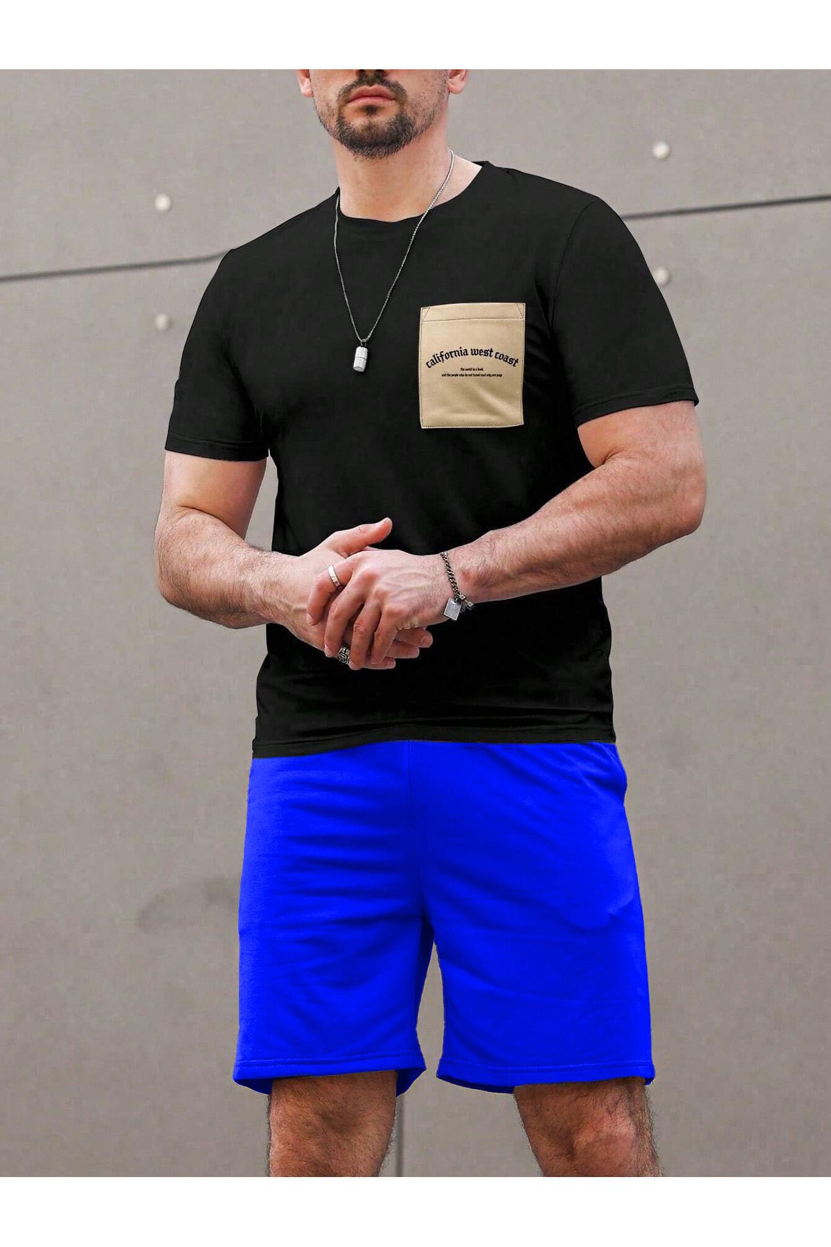 FoxSkin Sportswear&Company Cep California T-Shirt Şort - Siyah Sax Mavi Alt Üst Takım Şort Tişört Kombin Baskılı Bisiklet Yaka