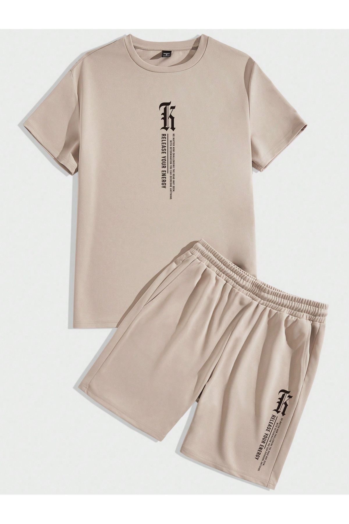 FoxSkin Sportswear&Company K Dikey Relase T-Shirt Şort - Bej Alt Üst Takım Şort Tişört Kombin Baskılı Bisiklet Yaka