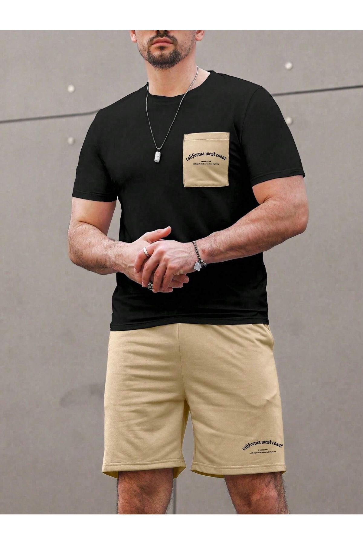 FoxSkin Sportswear&Company Cep California T-Shirt Şort - Siyah Bej Alt Üst Takım Şort Tişört Kombin Baskılı Bisiklet Yaka