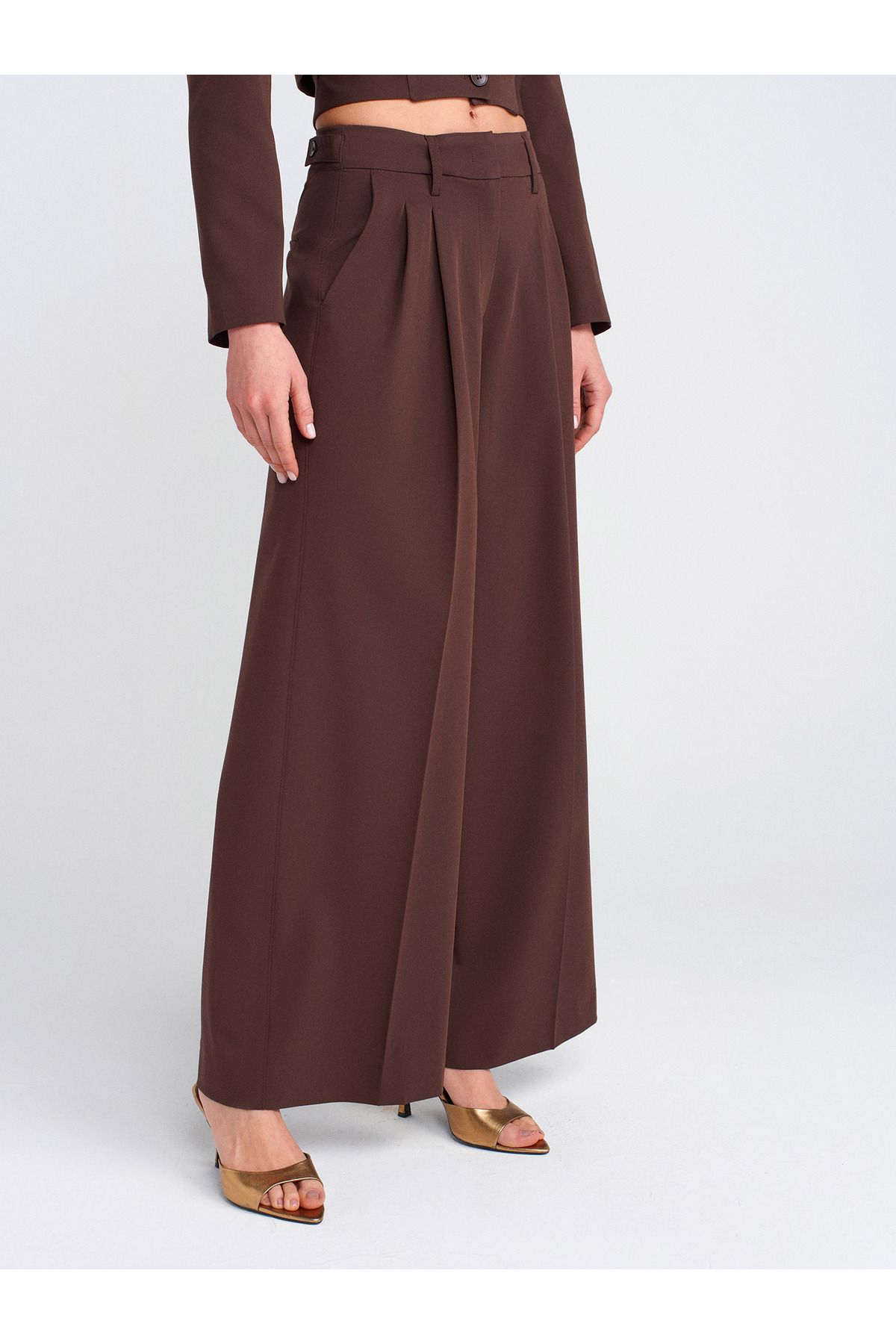 Dilvin-71606 Model - Extra Wide Leg and Adjustable Cut Coffee Pants 4