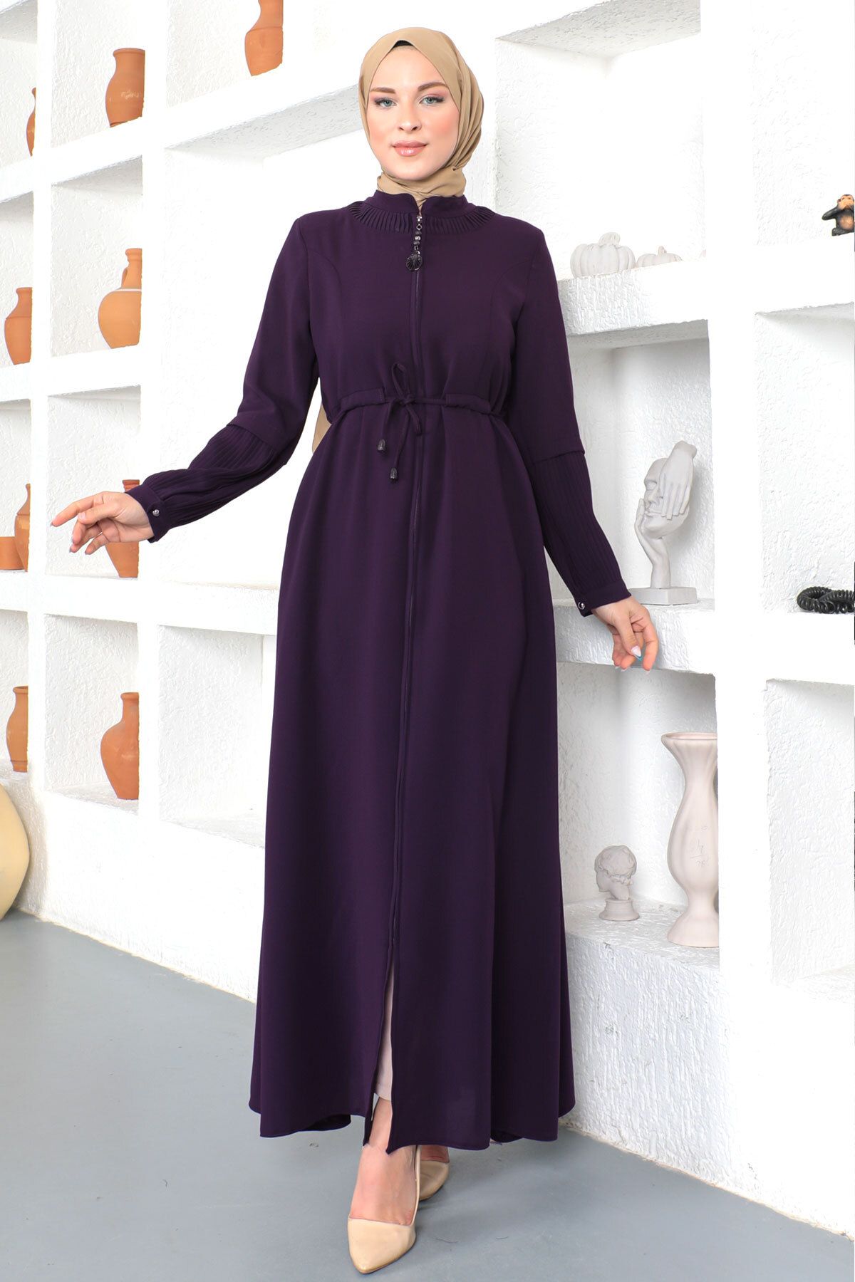 Tesettür Dünyası-Hijab Abaya mit gebundener Taille Tsd230342 Pflaume 1