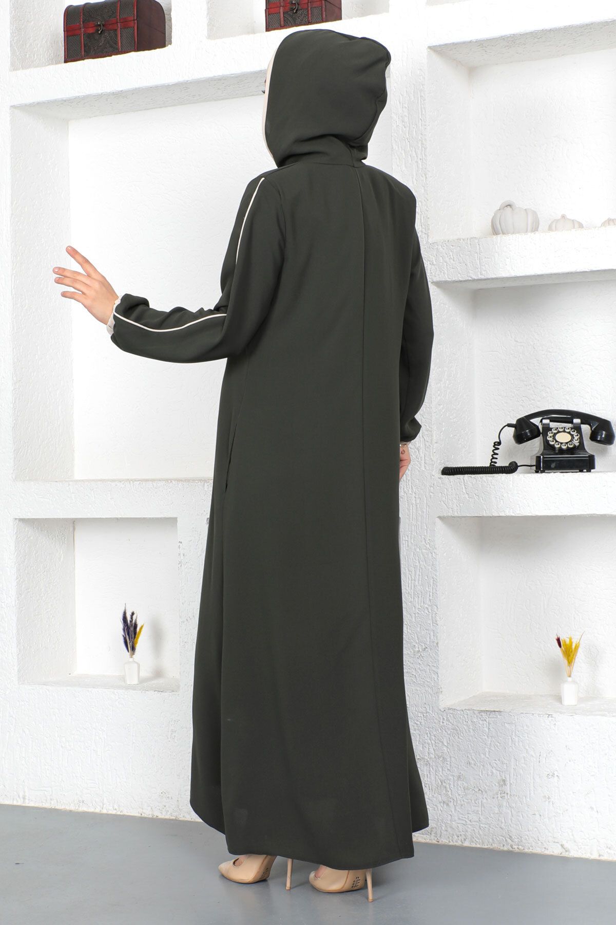 Tesettür Dünyası-Kolorowy hidżab z końcówką rękawa Abaya Tsd230415 Khaki 5