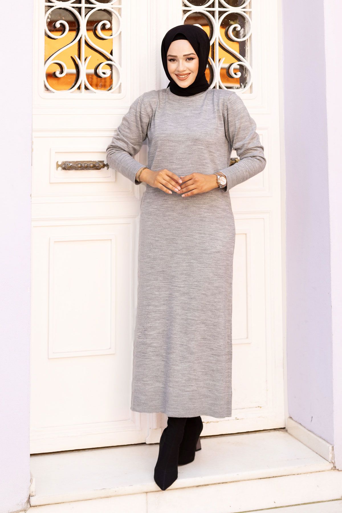 Tesettür Dünyası-Gray Crew Neck Knitwear Dress - TSD 240720 1