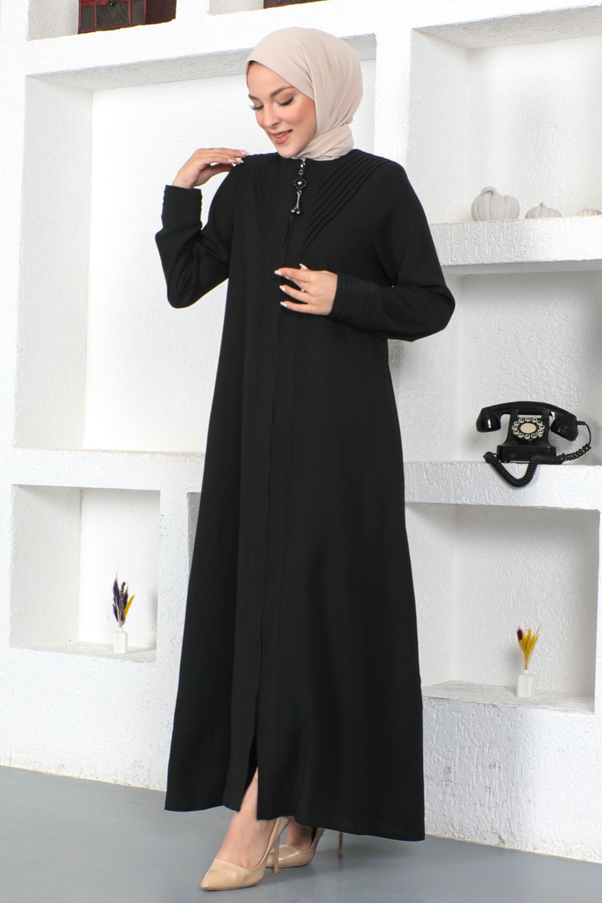 Tesettür Dünyası-Triangle Striped Hijab Abaya Tsd230424 Black 4