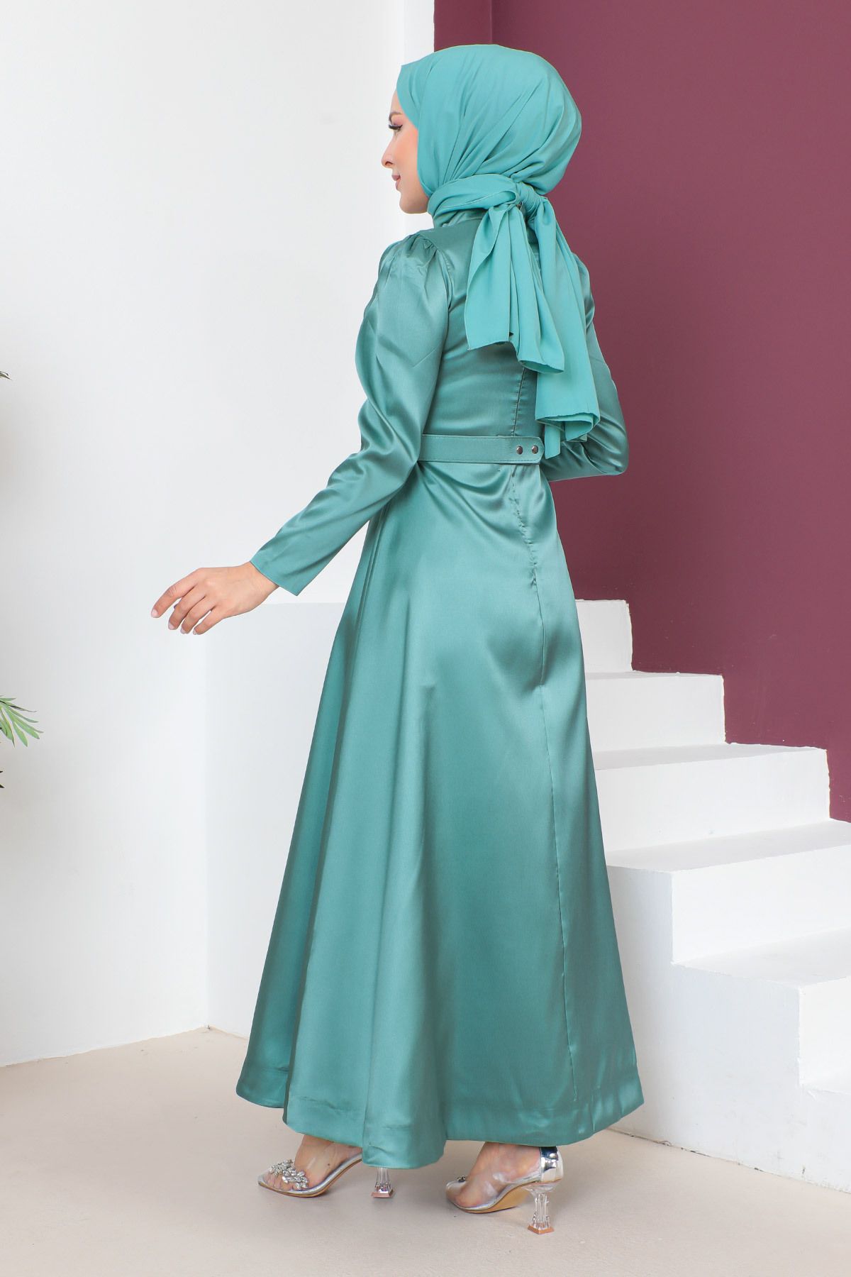 Tesettür Dünyası-Večerní šaty s detailním páskem TSD230636 Mint Green 5