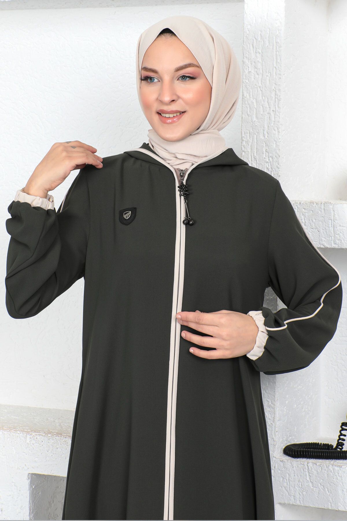 Tesettür Dünyası-Kolorowy hidżab z końcówką rękawa Abaya Tsd230415 Khaki 2