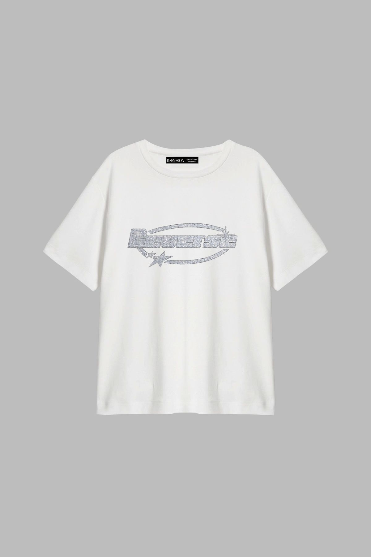 Sekizbiraltı-Reverse Printed Relaxed Fit White Women's Tshirt 1