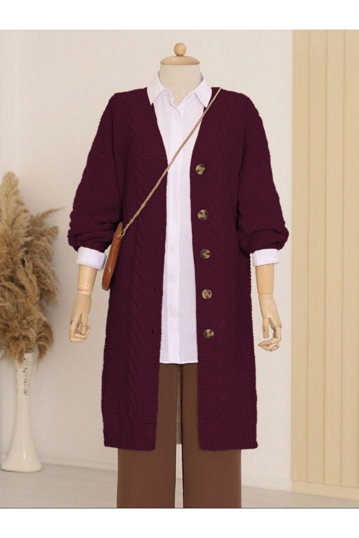 Modamorfo-Burgundy Thick Knitwear Cardigan with Hair Knit Detail and Buttons 1