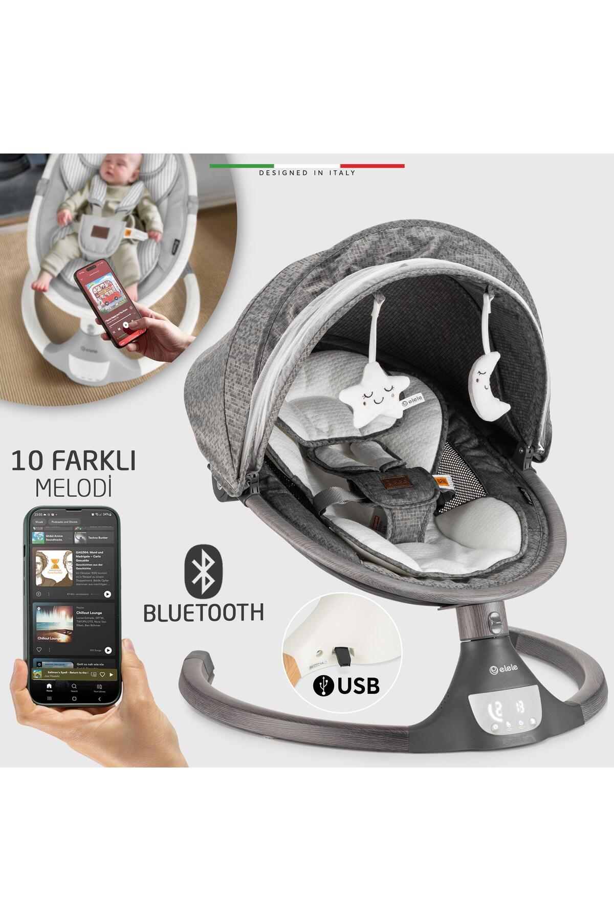 Elele Amore 2 Elektrikli Otomatik Sallanan Ana Kucağı Kademeli Antrasit fotoğrafı 4 (önizleme)