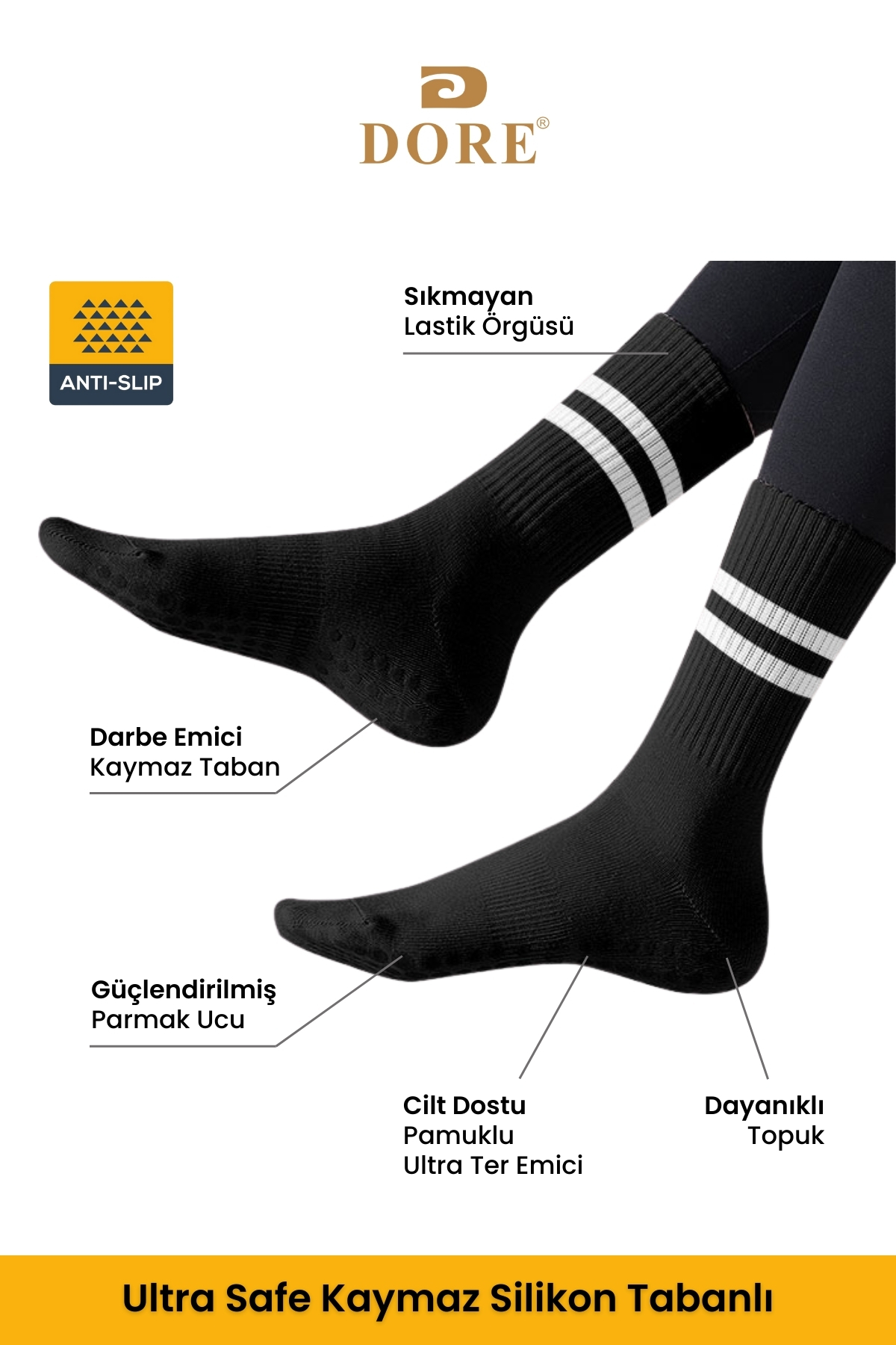 Dore Orijinal 3 Çift Kaymaz Tabanlı Pilates Yoga Reformer Dans Fitness Aktivite Spor Çorabı Ultra Safe Kaydırmaz Taban Pamuklu Esnek Konforlu 3'lü Set - Unisex Standart Beden 36-42 | 3 x Siyah görsel 2