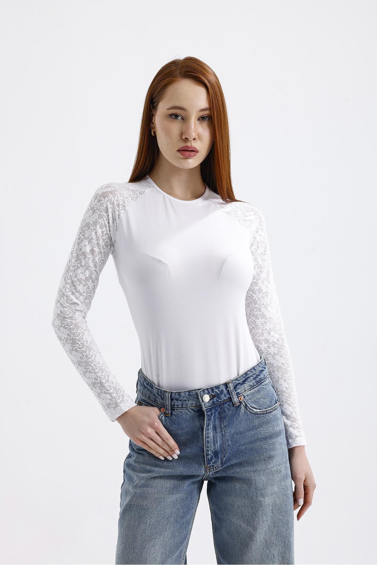 Miss Murem-White Lace Sleeve Bodysuit - White 1