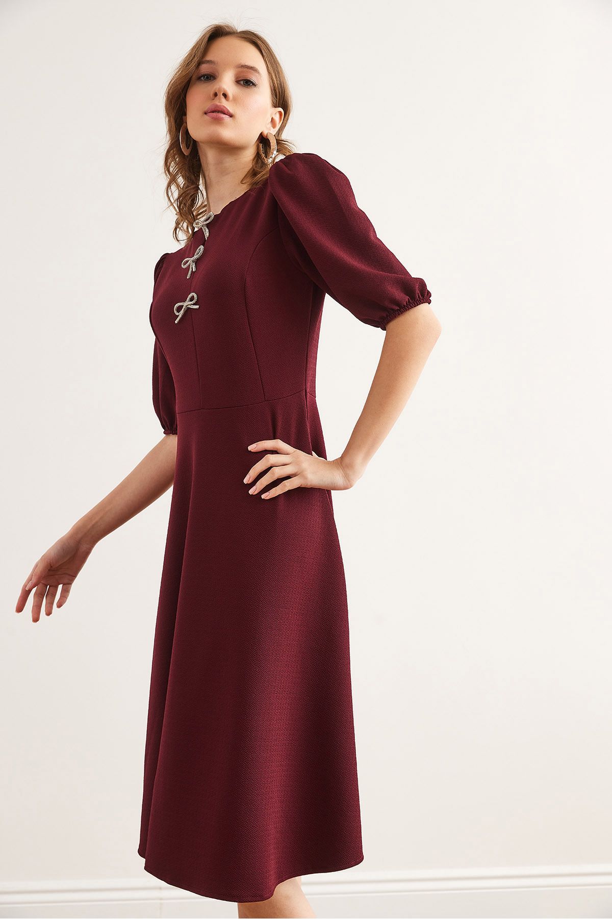 Kadın Bordo Fiyonk Detaylı Midi Örme Elbise ELB-19002341