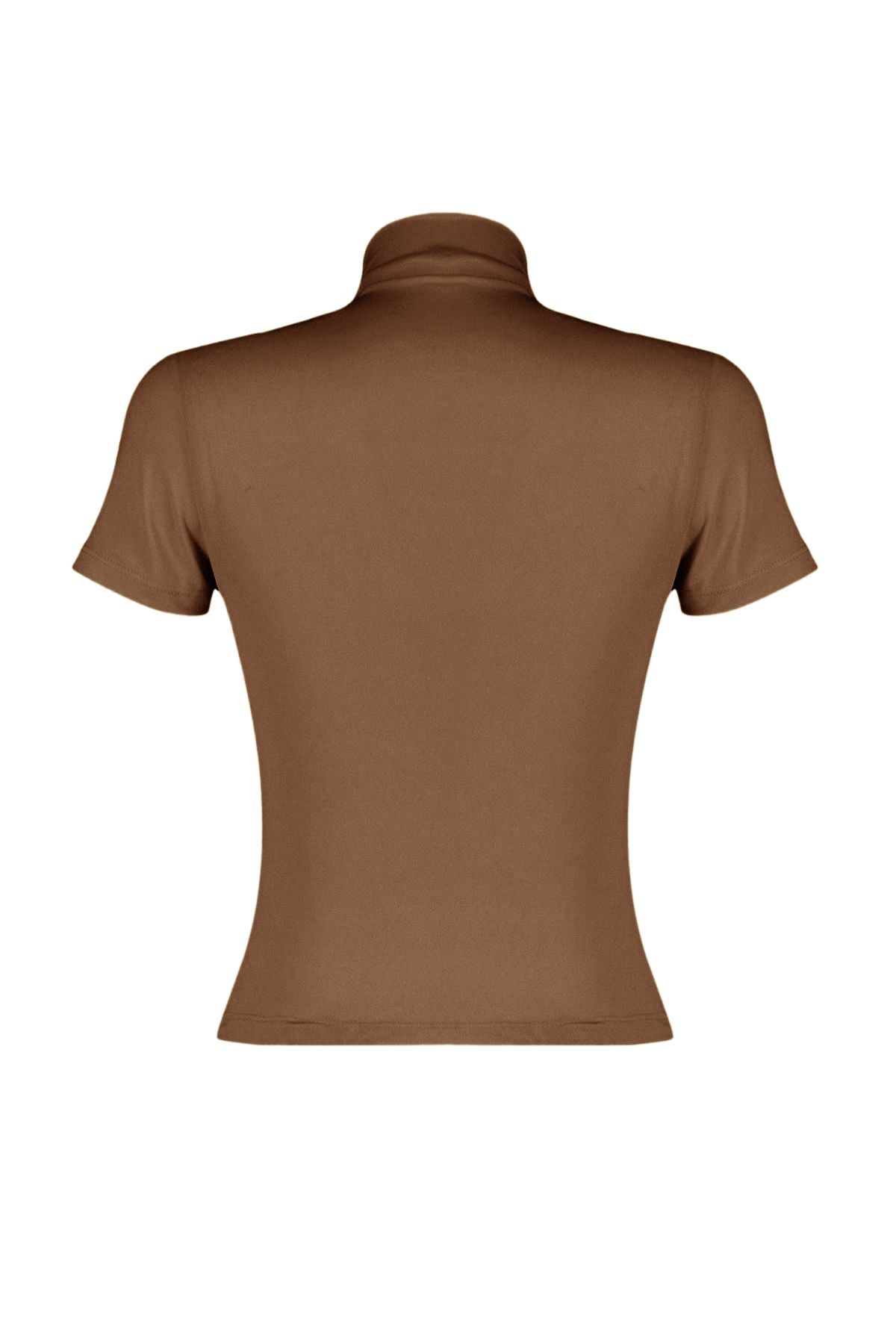 Trendyol Collection-Bluză tricotată elastică cu mâneci scurte, cu mâneci scurte, cu detaliu de draperie maro TWOSS24BZ00426 8